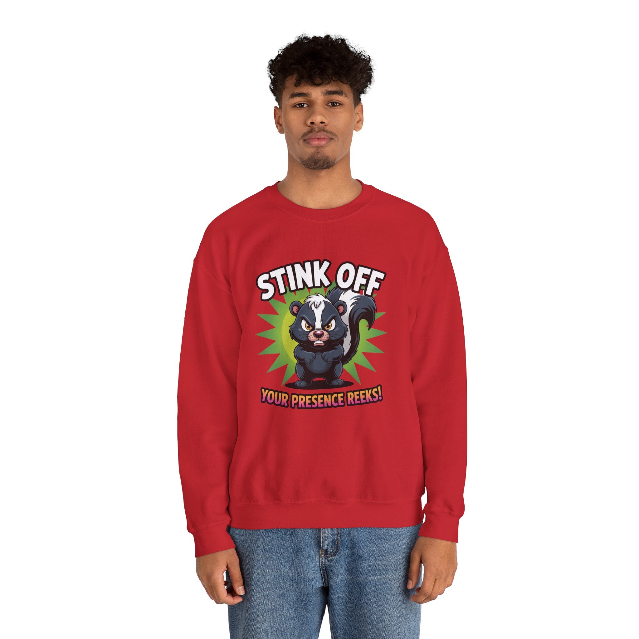 Stink Off Skunk Crewneck Sweatshirt — Funny 'Your Presence Reeks!' Graphic