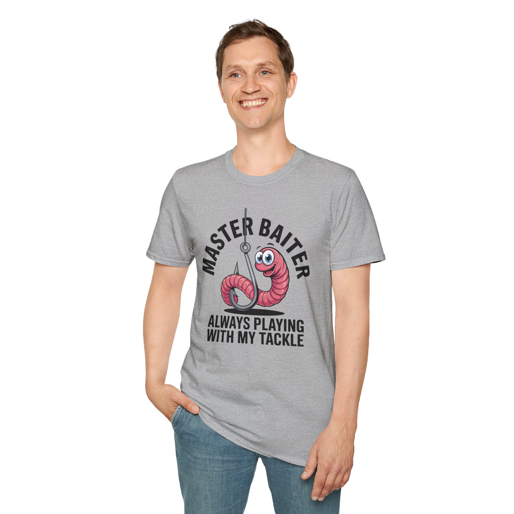 Master Baiter Fishing T-Shirt — Funny Worm Hook Tee ("Always Playing With My Tackle")