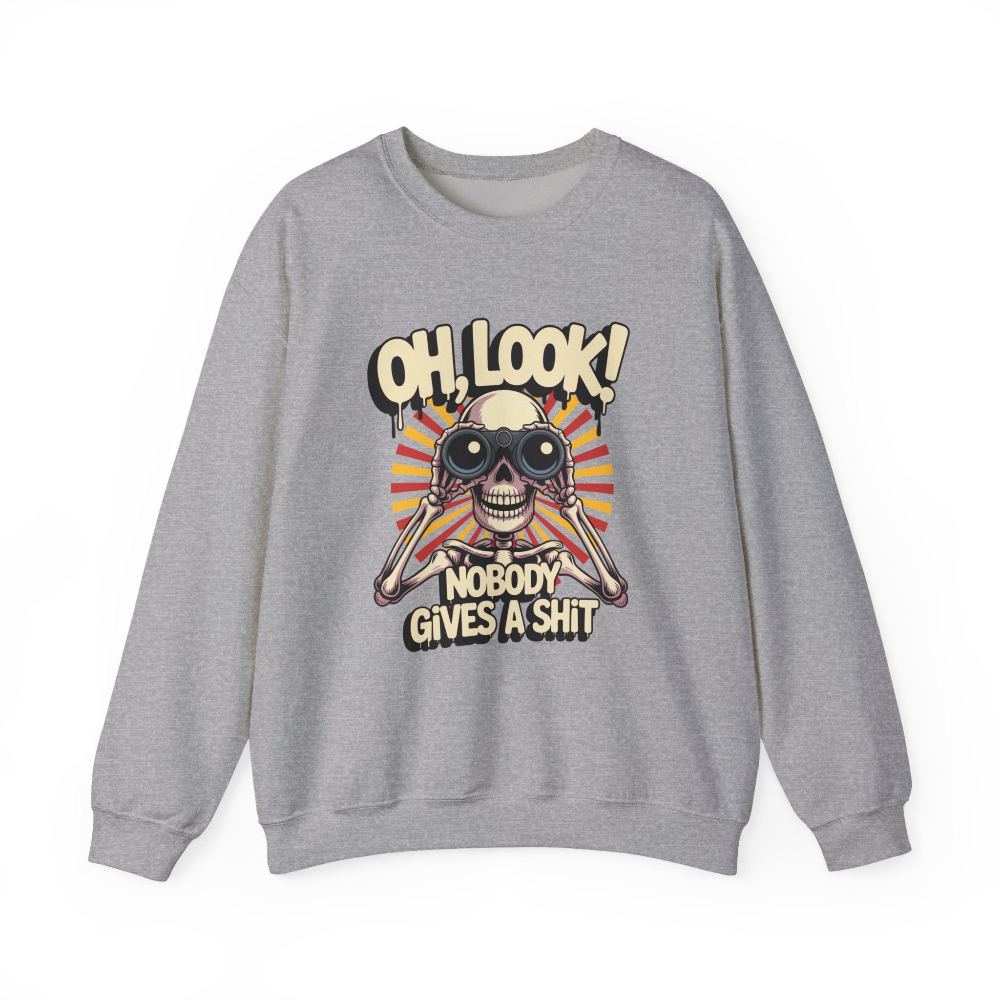 Crewneck Sweatshirt — 'Oh, Look! Nobody Gives a Shit' Skull Binoculars Graphic