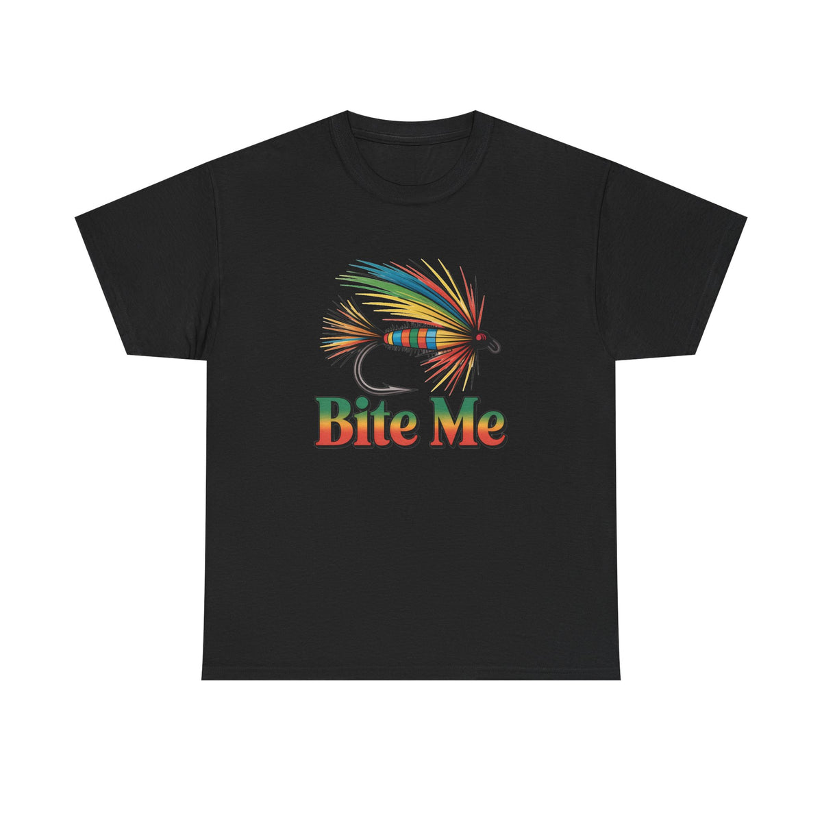 Fishing T-Shirt — Colorful Fly Design with "Bite Me" Text