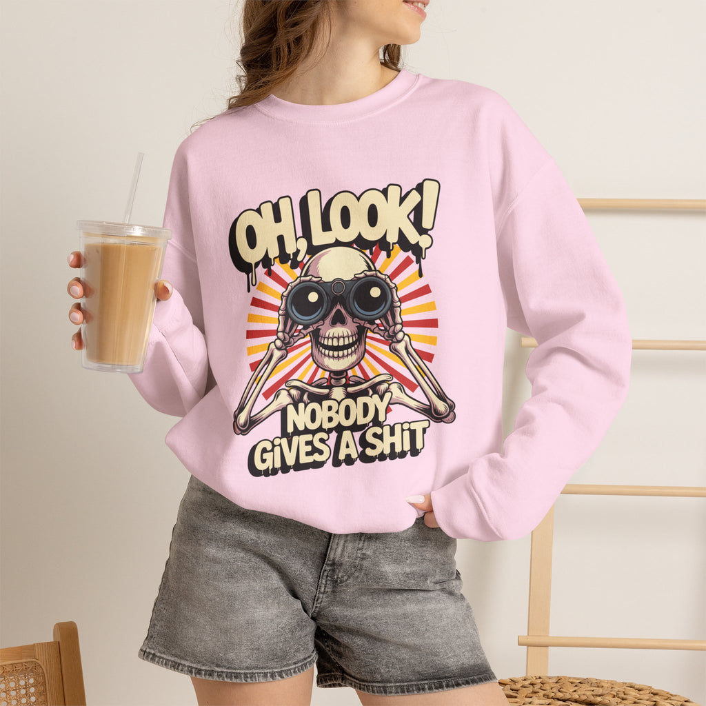 Crewneck Sweatshirt — 'Oh, Look! Nobody Gives a Shit' Skull Binoculars Graphic