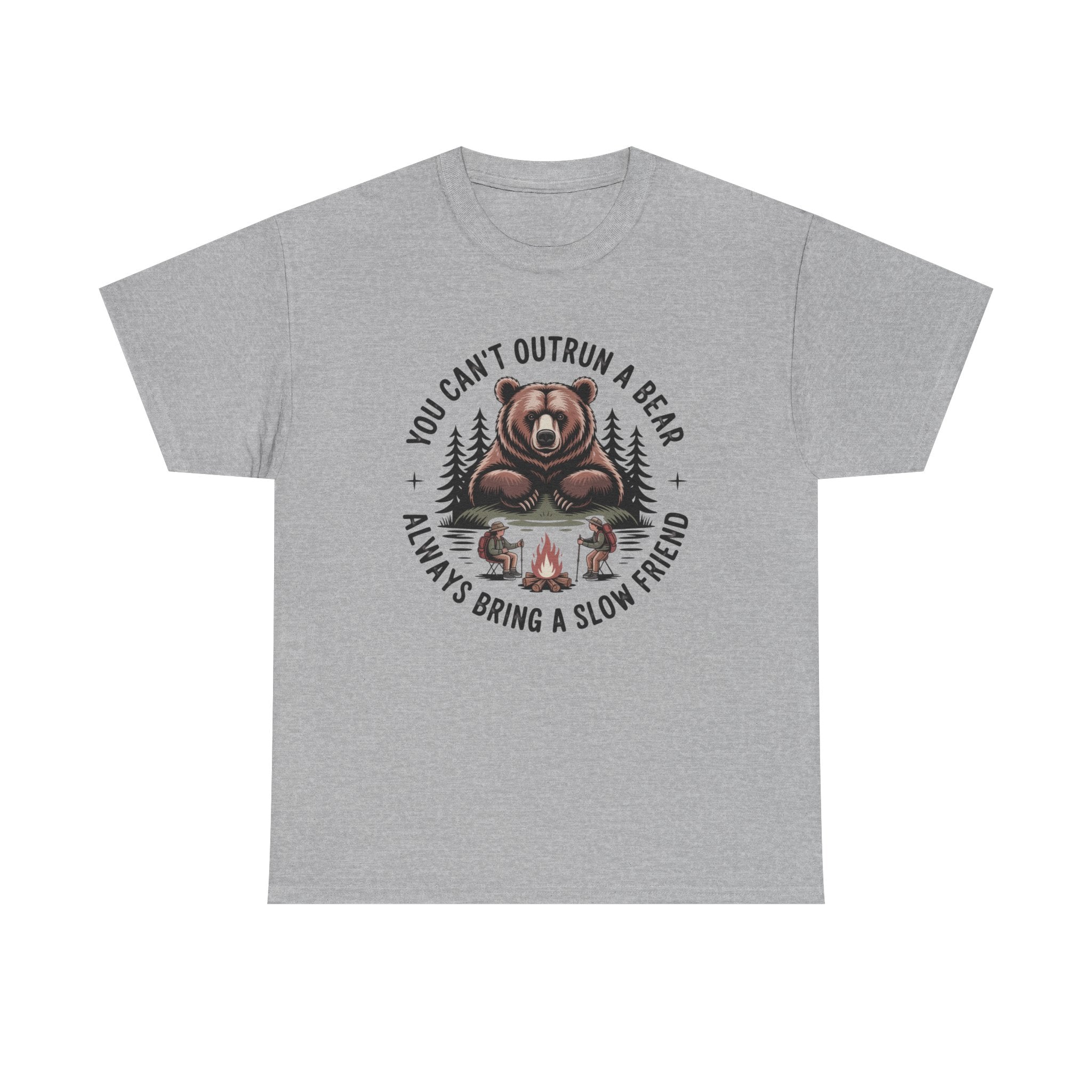 Gray t-shirt with bear graphic and text on a white background