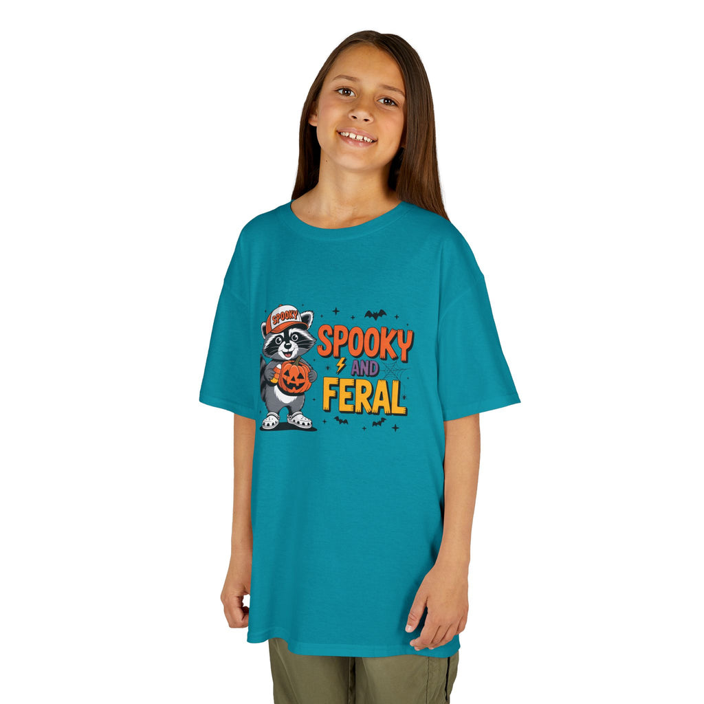 Kids Tee — "Spooky and Feral" Halloween Raccoon Pumpkin Shirt
