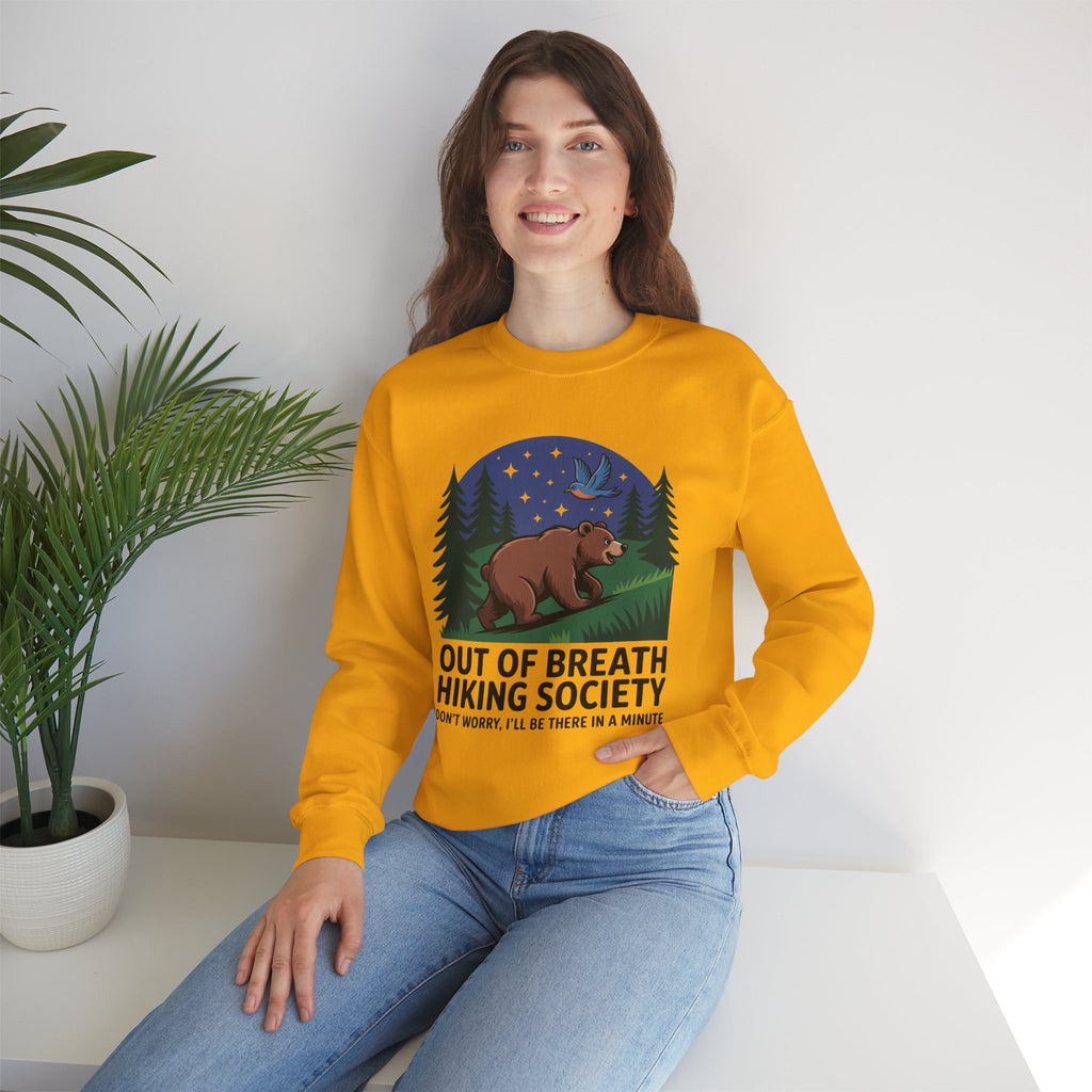 Out of Breath Hiking Society Crewneck Sweatshirt — Funny Bear Camping Graphic