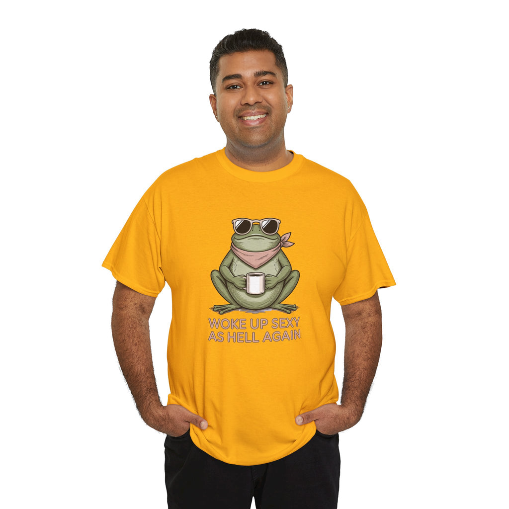 Frog Mug Graphic Tee — "Woke Up Sexy As Hell Again" Cotton T-Shirt