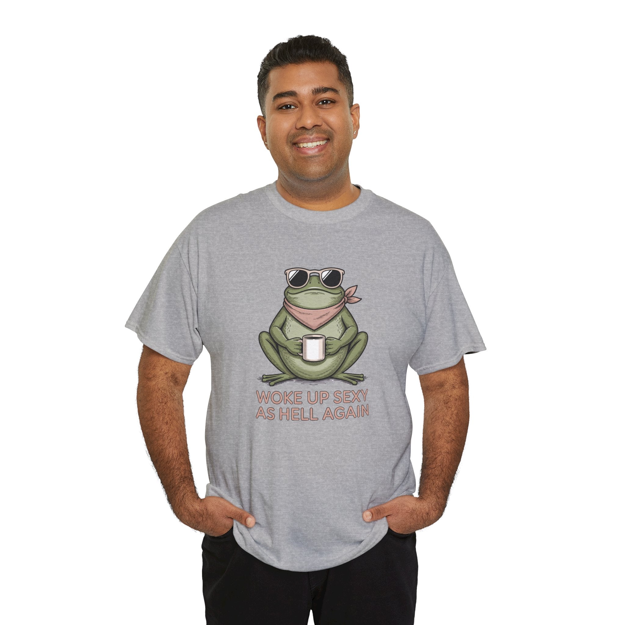 Frog Mug Graphic Tee — "Woke Up Sexy As Hell Again" Cotton T-Shirt