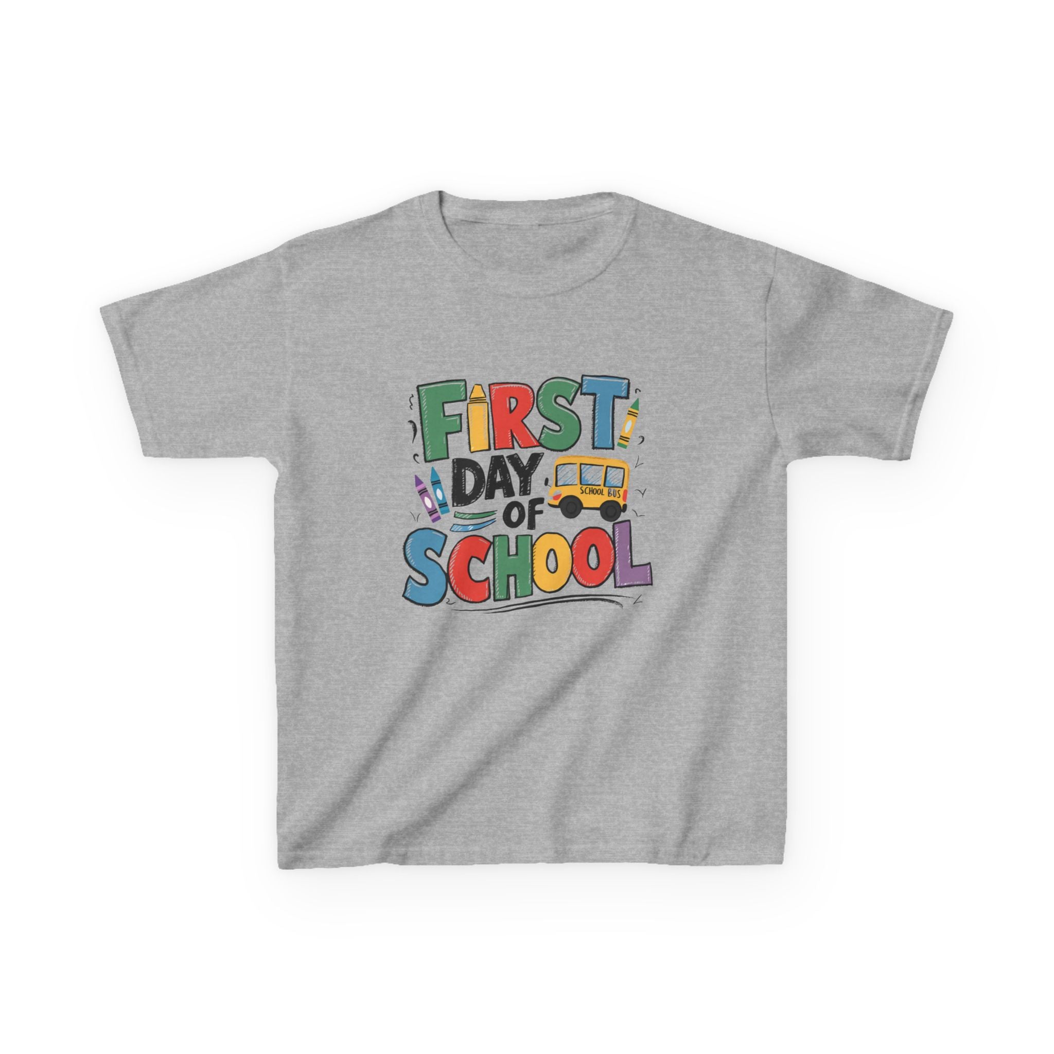 First Day of School Kids T-Shirt — Colorful Back-to-School Tee with School Bus Design