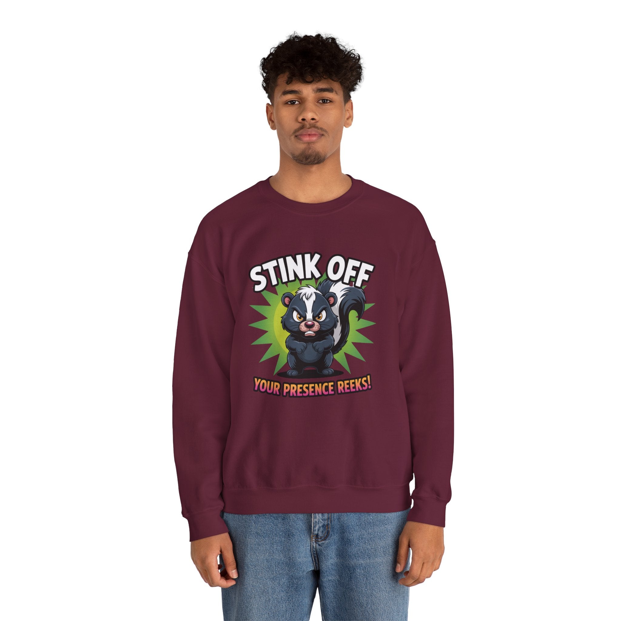 Stink Off Skunk Crewneck Sweatshirt — Funny 'Your Presence Reeks!' Graphic