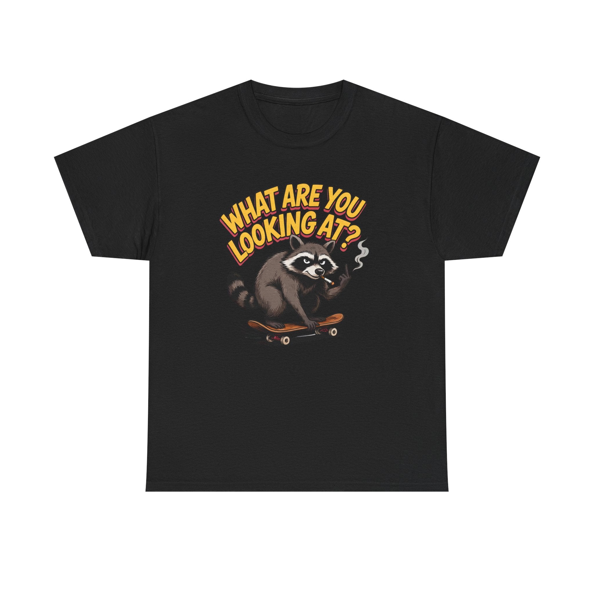 A black short-sleeve crewneck t-shirt featuring a graphic of a raccoon on a skateboard with the text 'WHAT ARE YOU LOOKING AT?' in yellow and orange.
