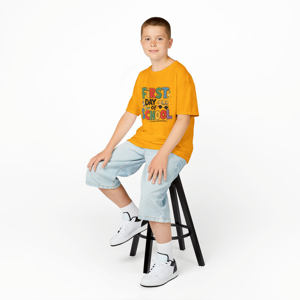First Day of School Kids T-Shirt — Colorful Back-to-School Tee with School Bus Design