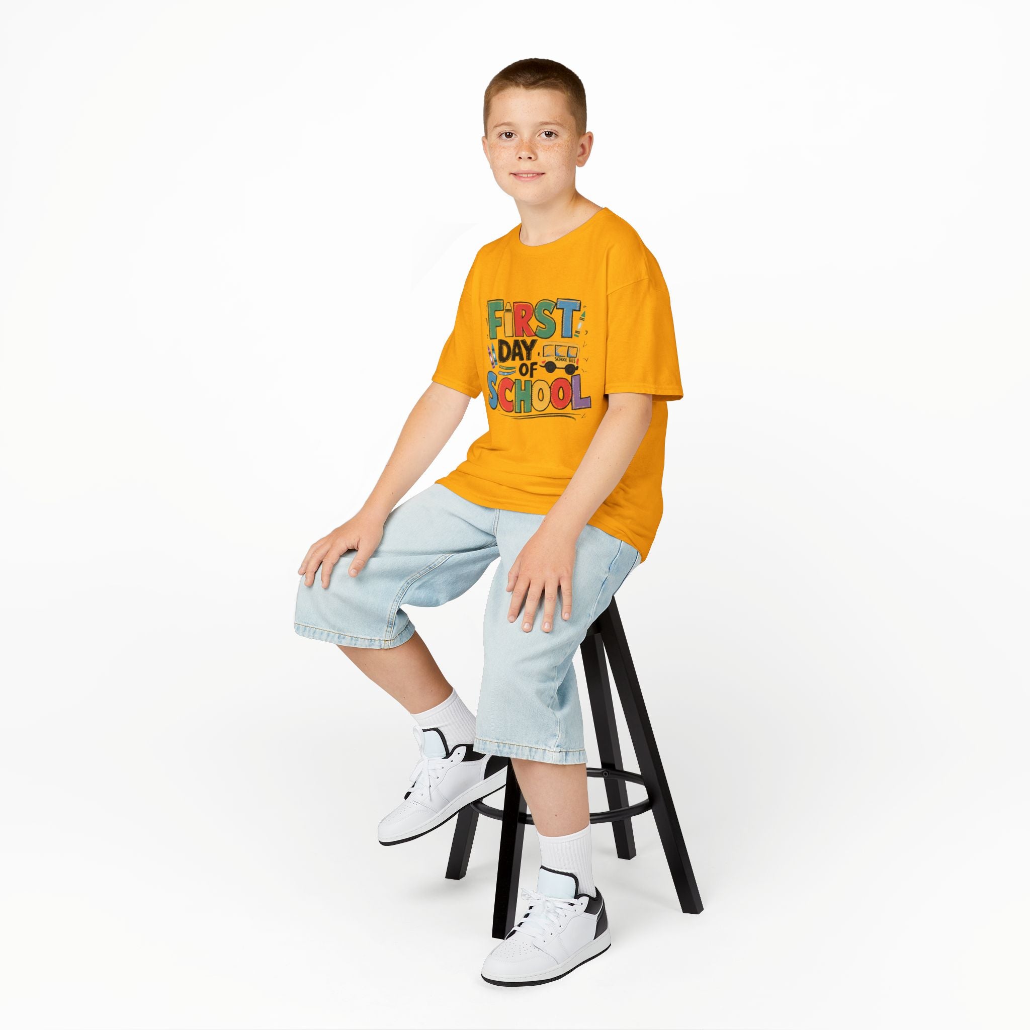 First Day of School Kids T-Shirt — Colorful Back-to-School Tee with School Bus Design
