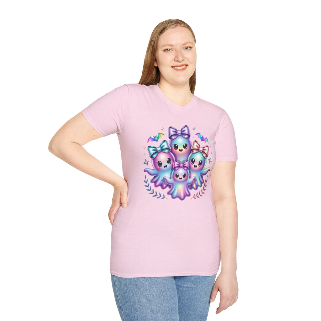 Cute Pastel Ghosts T-Shirt — Kawaii Iridescent Ghost Trio with Bows