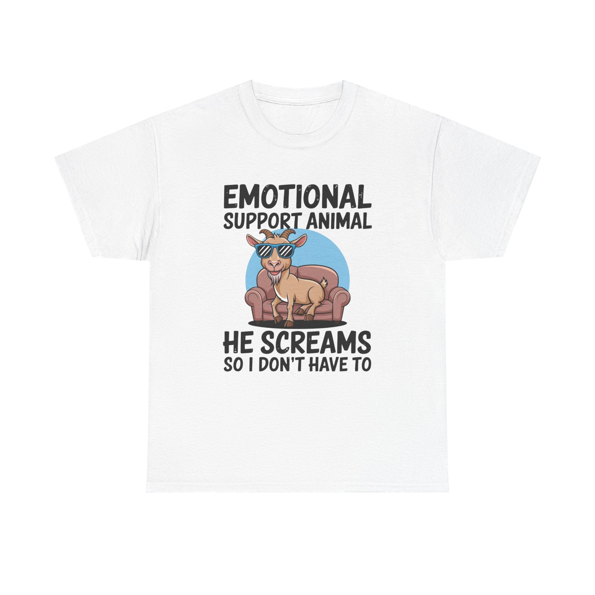 A white short-sleeve crewneck t-shirt with a graphic print on the front. The graphic features a cartoon goat wearing sunglasses and sitting on a brown armchair inside a light blue circle, with the text 'EMOTIONAL SUPPORT ANIMAL' above and 'HE SCREAMS SO I DON'T HAVE TO' below.