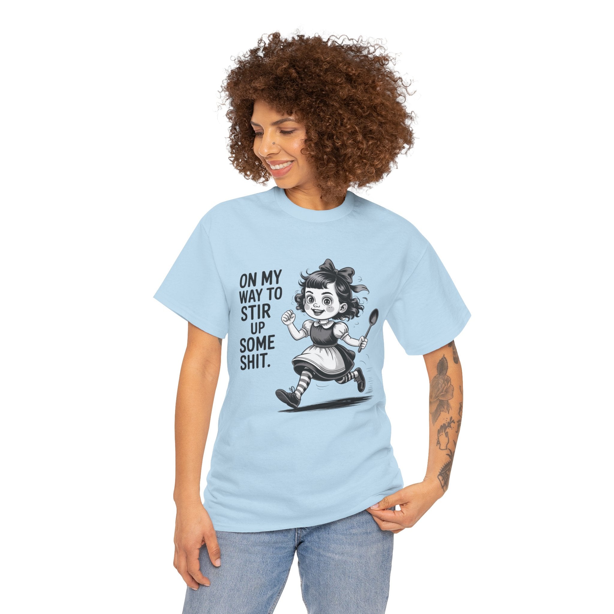 Stir Up Some Shit Tee — Retro Mischief Girl Graphic T-Shirt