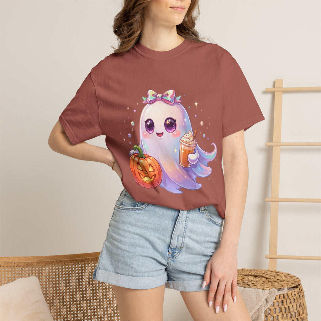 Cute Halloween Ghost T-Shirt — Kawaii Pumpkin & Candy Drink Graphic