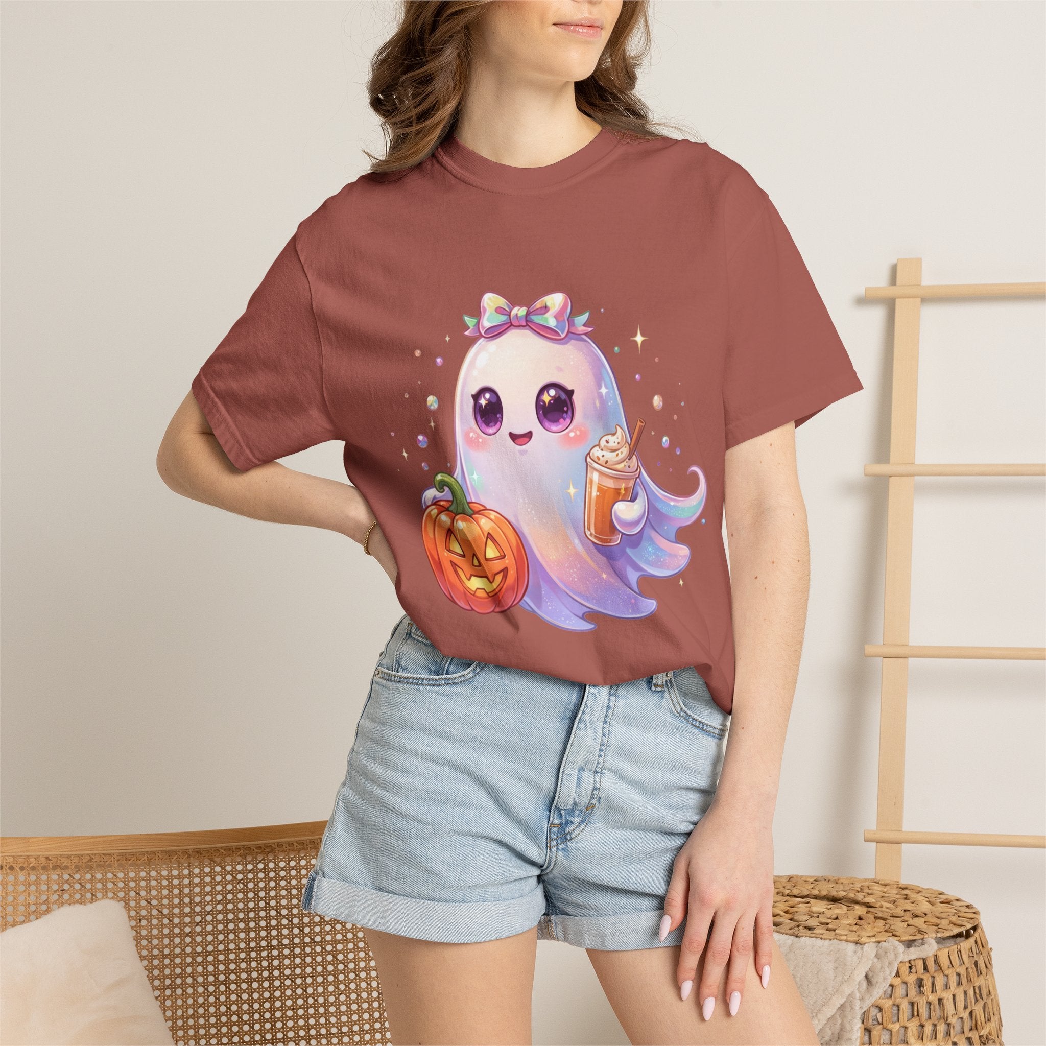 Cute Halloween Ghost T-Shirt — Kawaii Pumpkin & Candy Drink Graphic