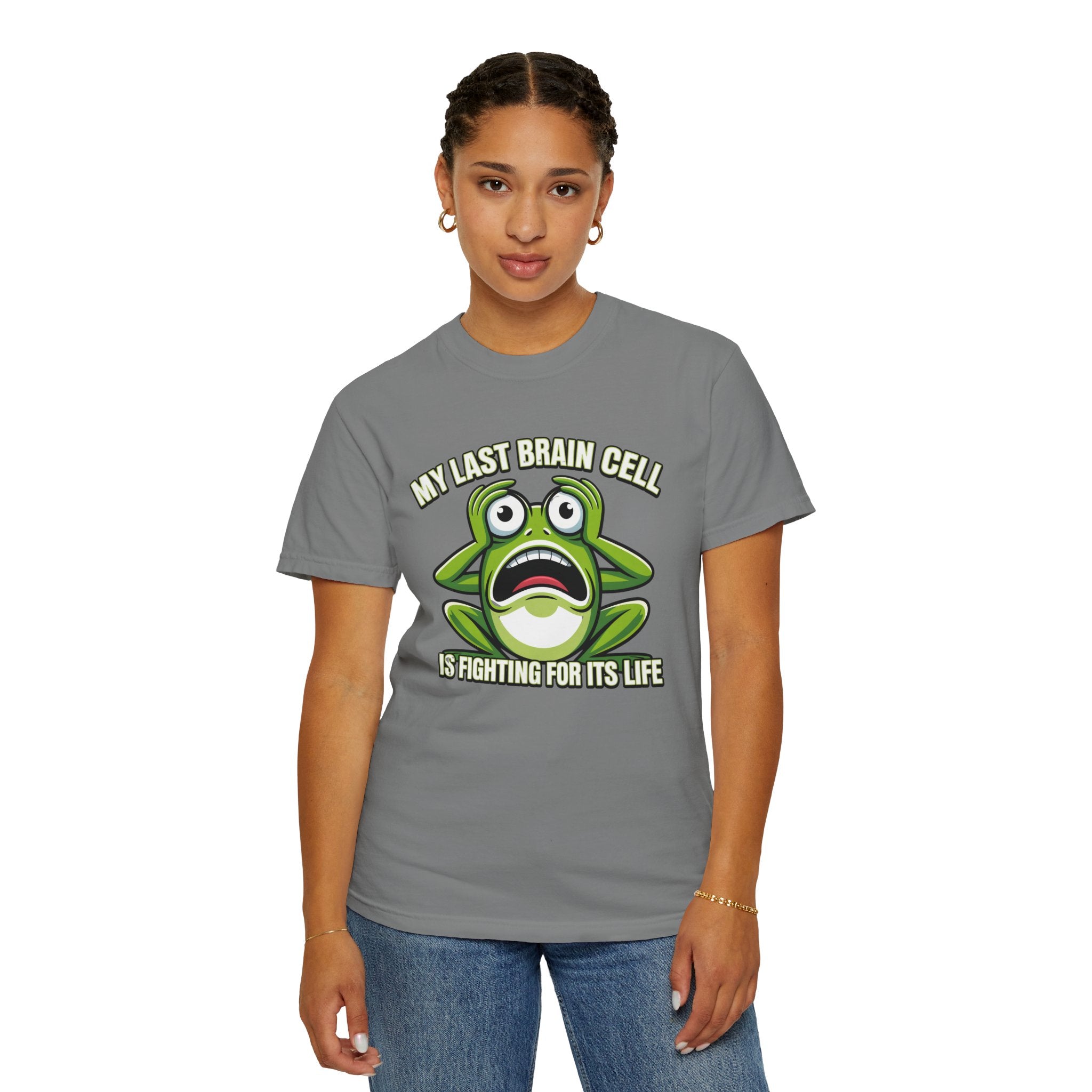 Funny Frog Graphic T-Shirt — My Last Brain Cell Is Fighting For Its Life Humor Gift Tee for Women