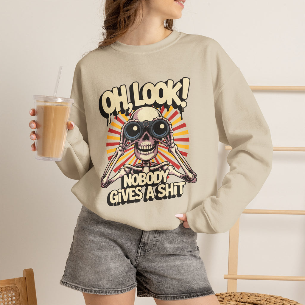 Crewneck Sweatshirt — 'Oh, Look! Nobody Gives a Shit' Skull Binoculars Graphic