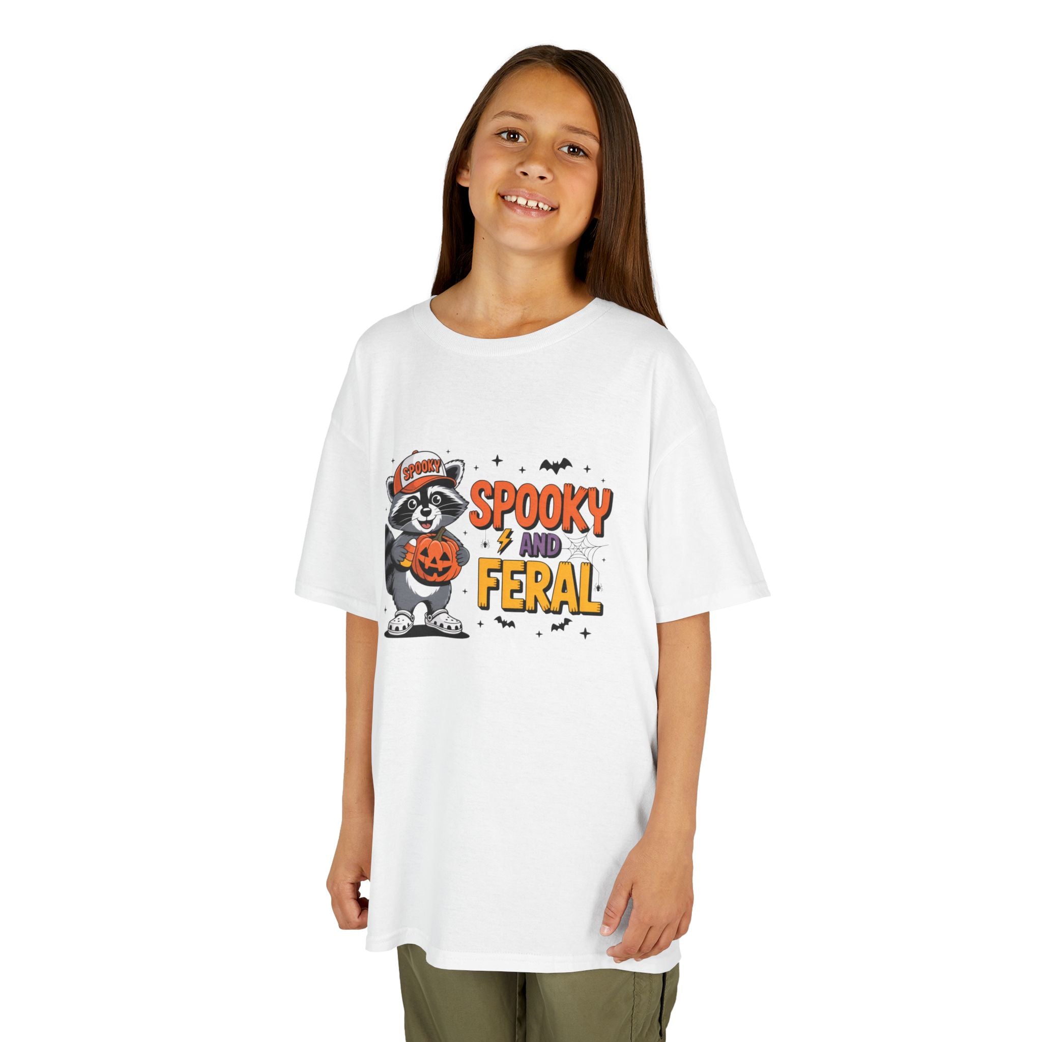 Kids Tee — "Spooky and Feral" Halloween Raccoon Pumpkin Shirt