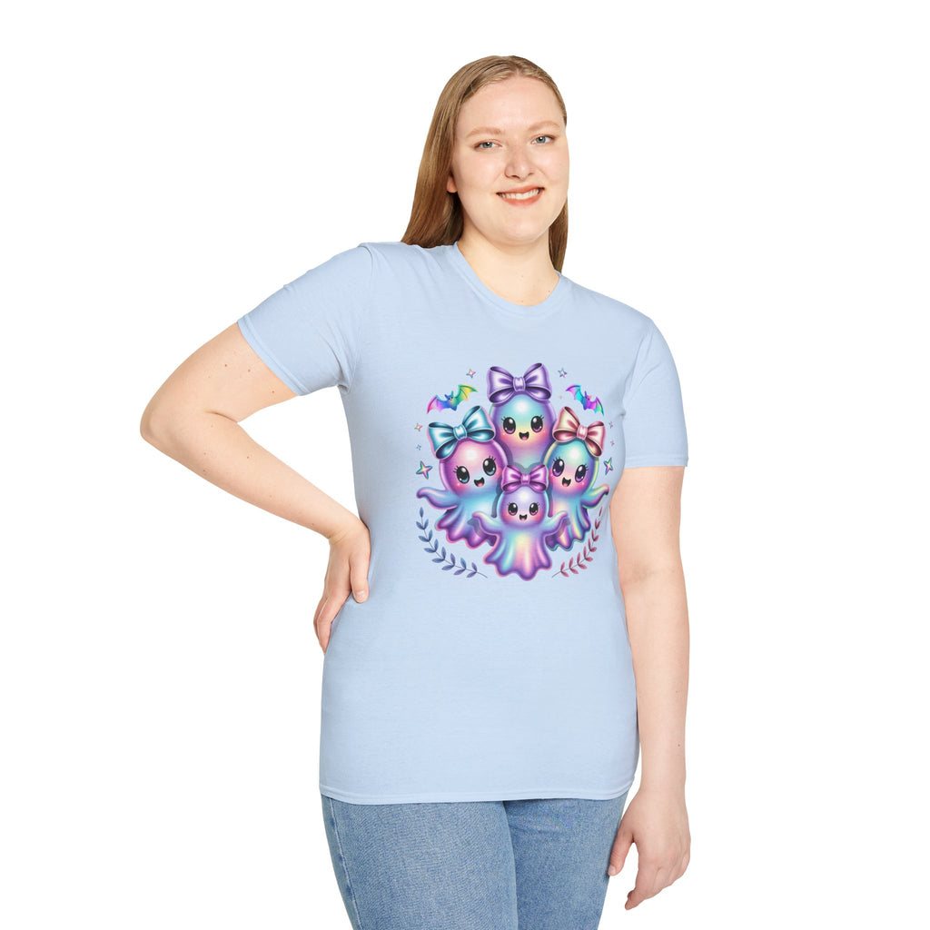 Cute Pastel Ghosts T-Shirt — Kawaii Iridescent Ghost Trio with Bows