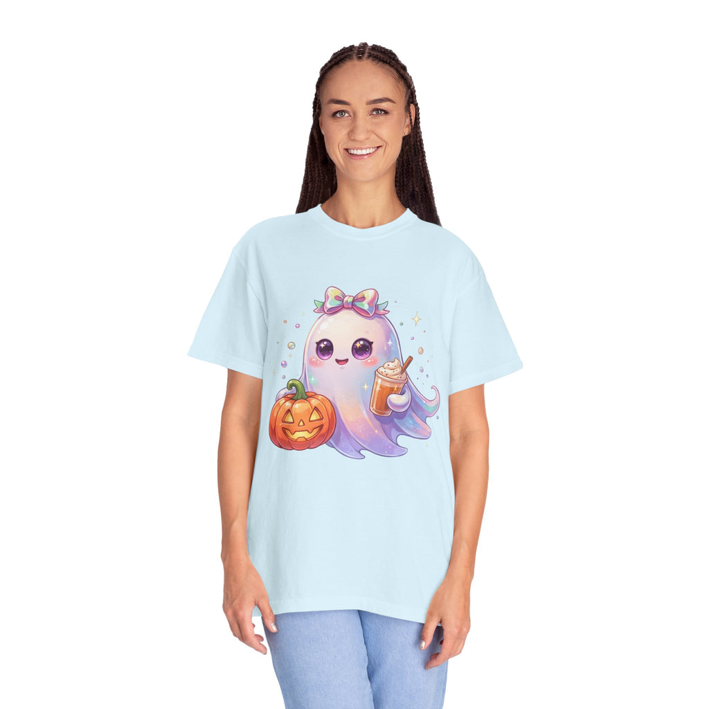 Cute Halloween Ghost T-Shirt — Kawaii Pumpkin & Candy Drink Graphic
