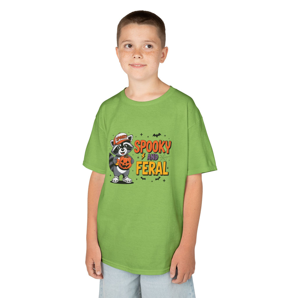 Kids Tee — "Spooky and Feral" Halloween Raccoon Pumpkin Shirt