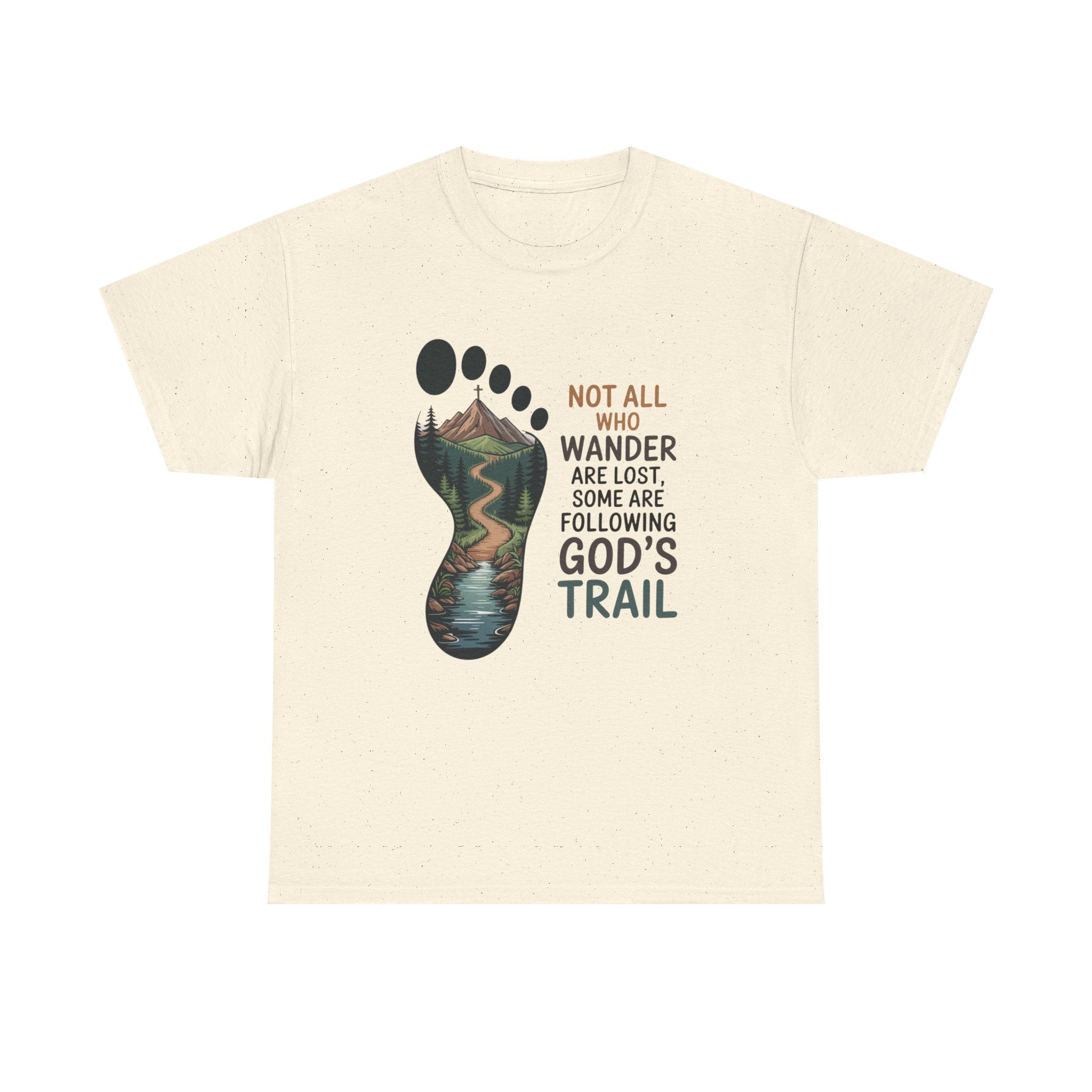 God's Trail Footprint T-Shirt — Christian Hiking Tee ("Not All Who Wander...")