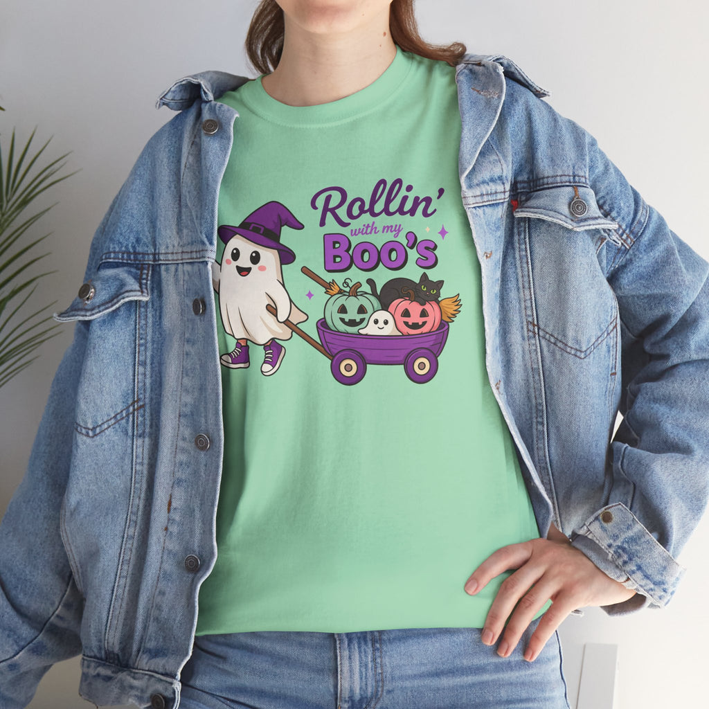Rollin' Boo's Halloween Tee — Cute Ghost Wagon Pumpkin Kids Shirt