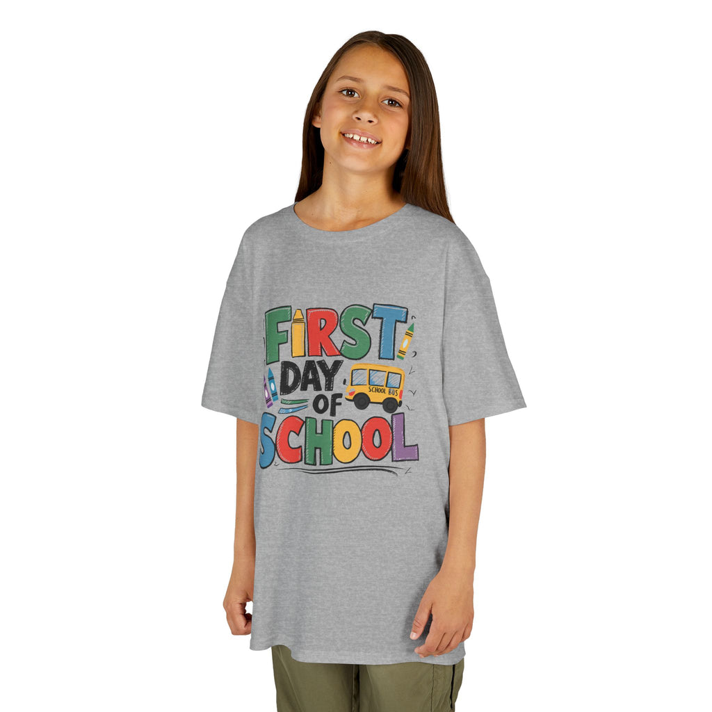 First Day of School Kids T-Shirt — Colorful Back-to-School Tee with School Bus Design
