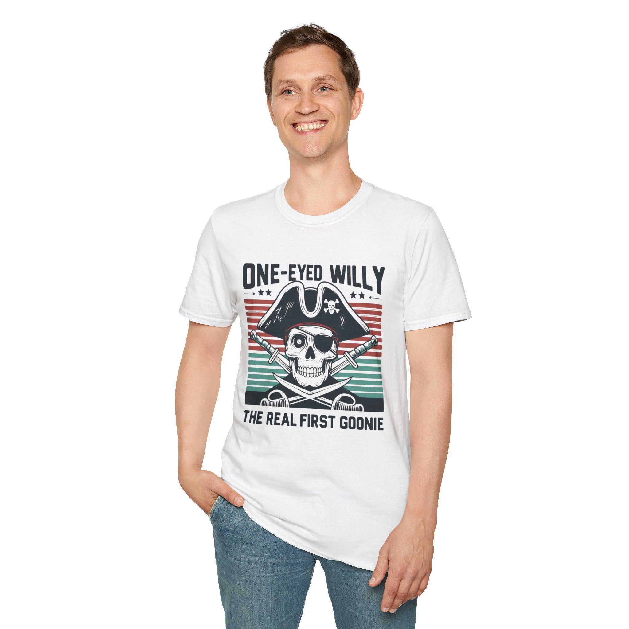 One-Eyed Willy Skull T-Shirt — Vintage Pirate 'The Real First Goonie' Tee
