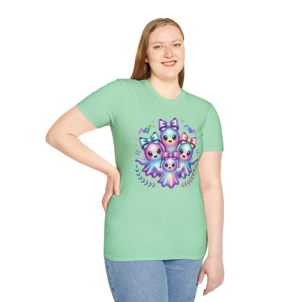 Cute Pastel Ghosts T-Shirt — Kawaii Iridescent Ghost Trio with Bows