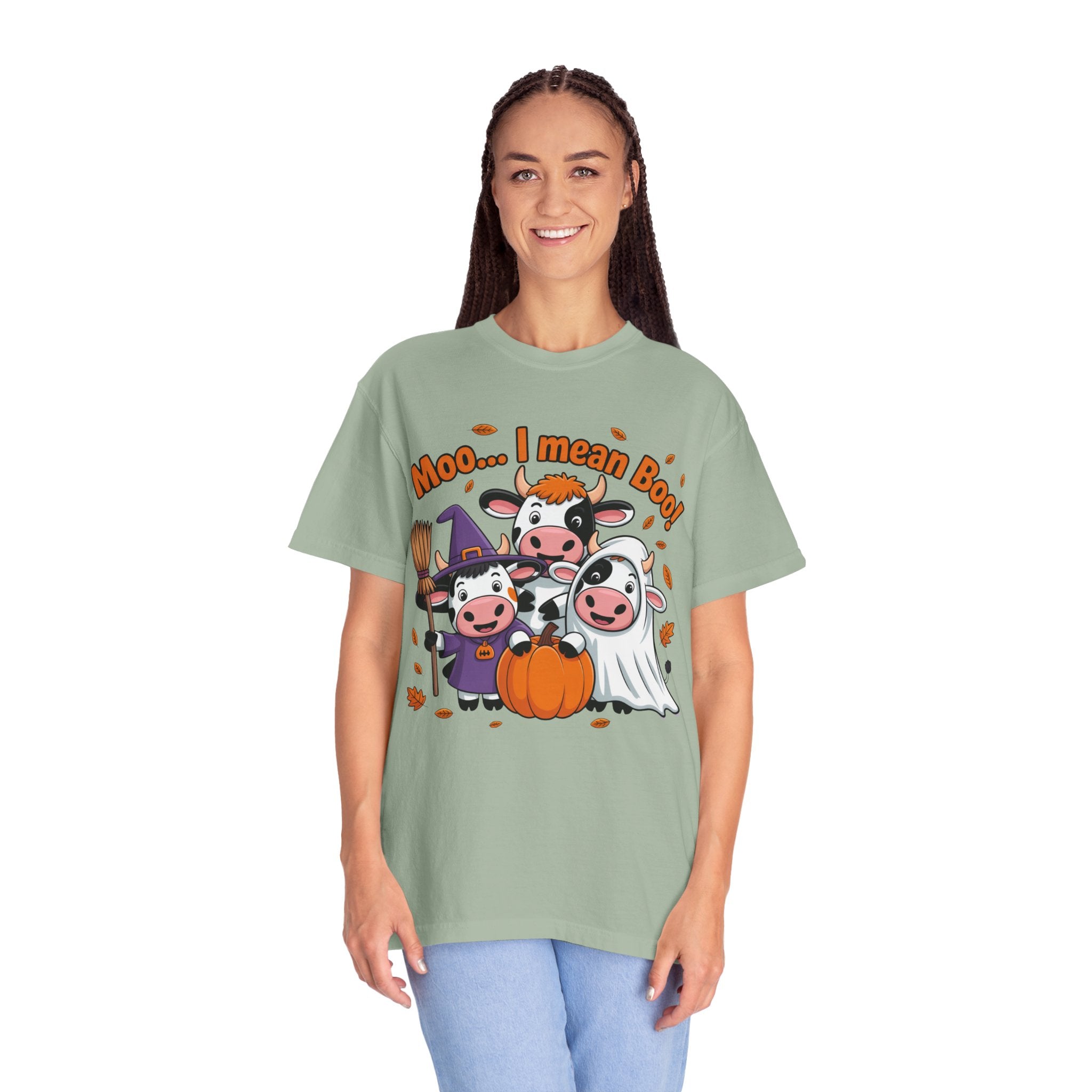 Halloween Cow T-Shirt – “Moo... I mean Boo!” Cute Pumpkin & Witch Cows Graphic Tee
