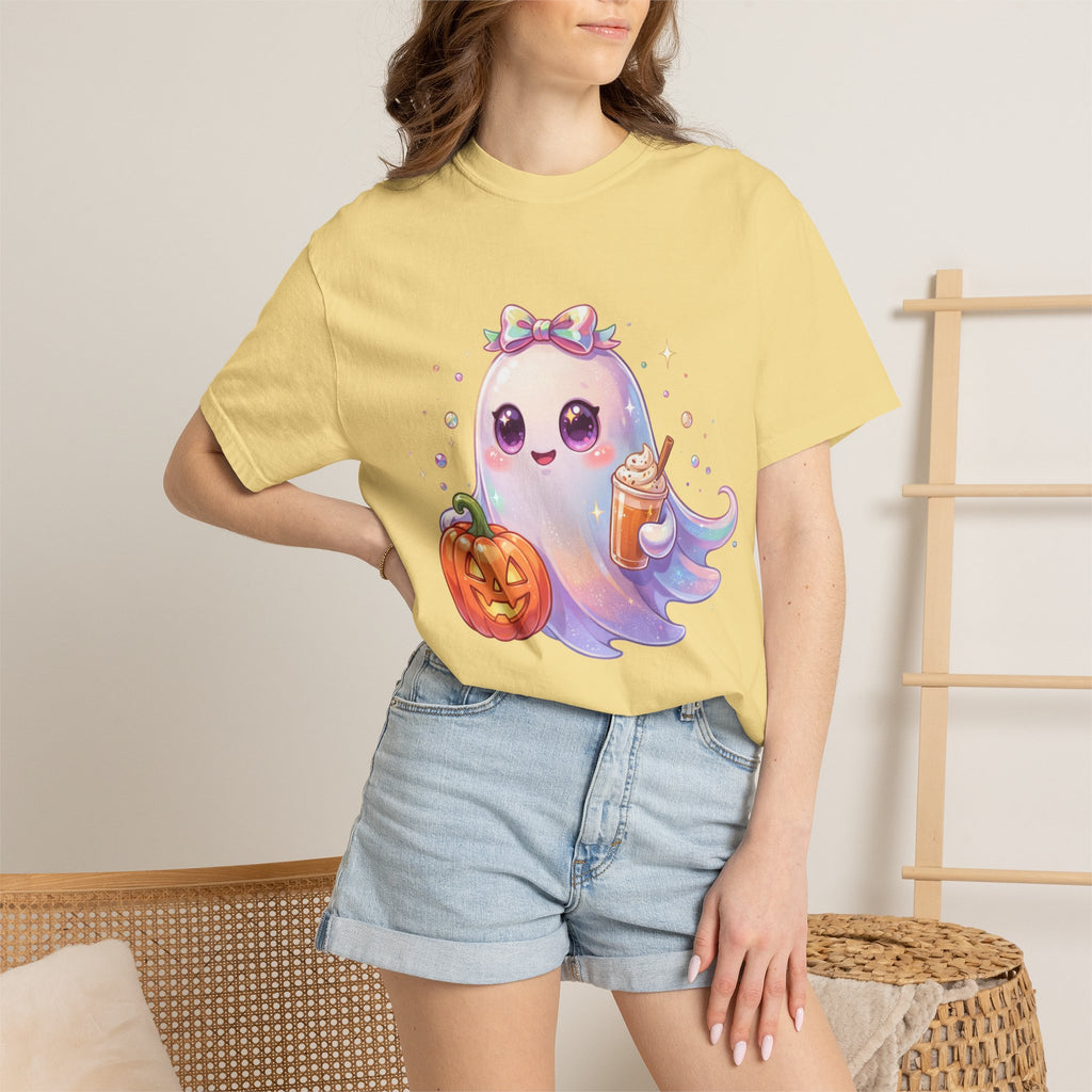 Cute Halloween Ghost T-Shirt — Kawaii Pumpkin & Candy Drink Graphic