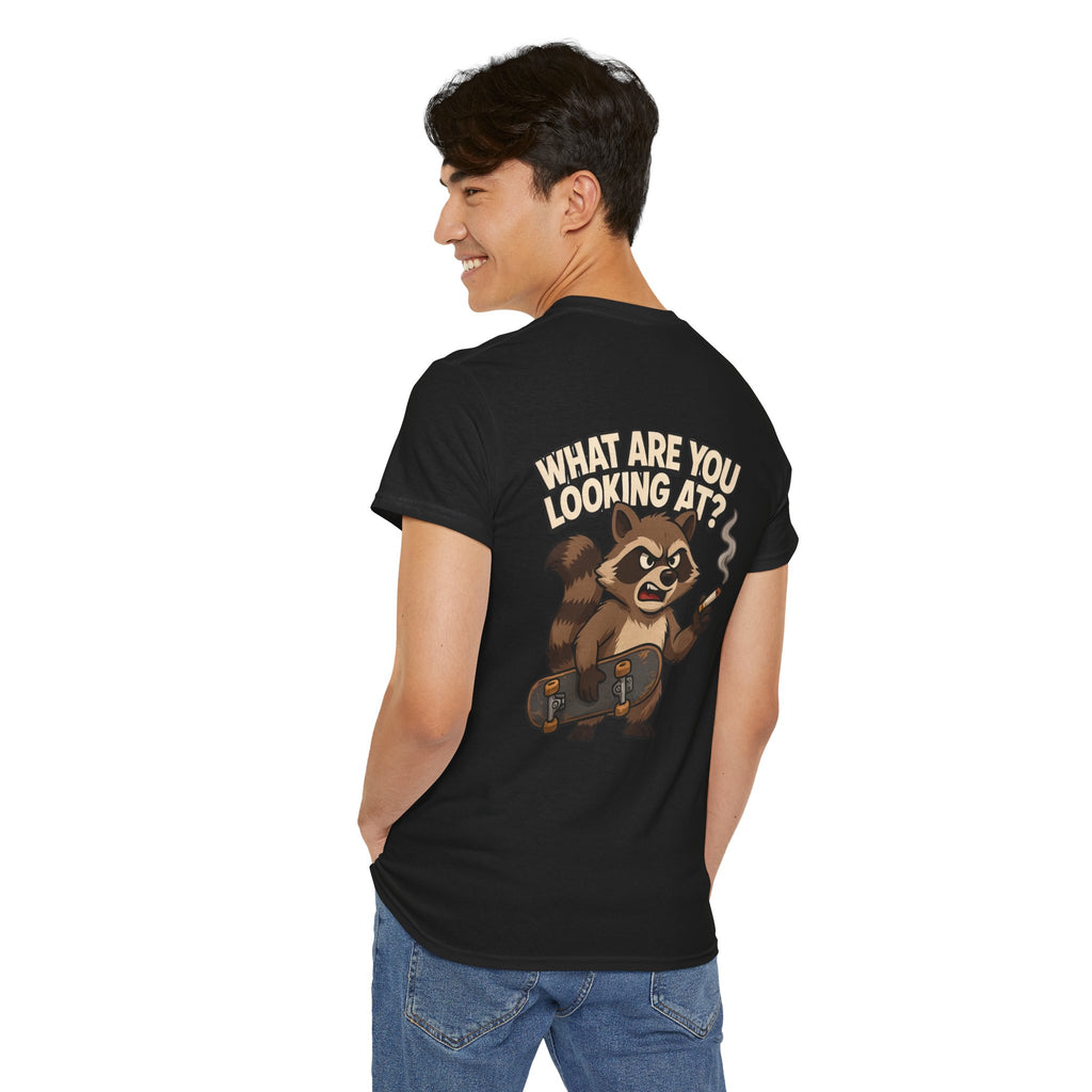 Graphic Tee — "What Are You Looking At?" Raccoon Illustration T-Shirt