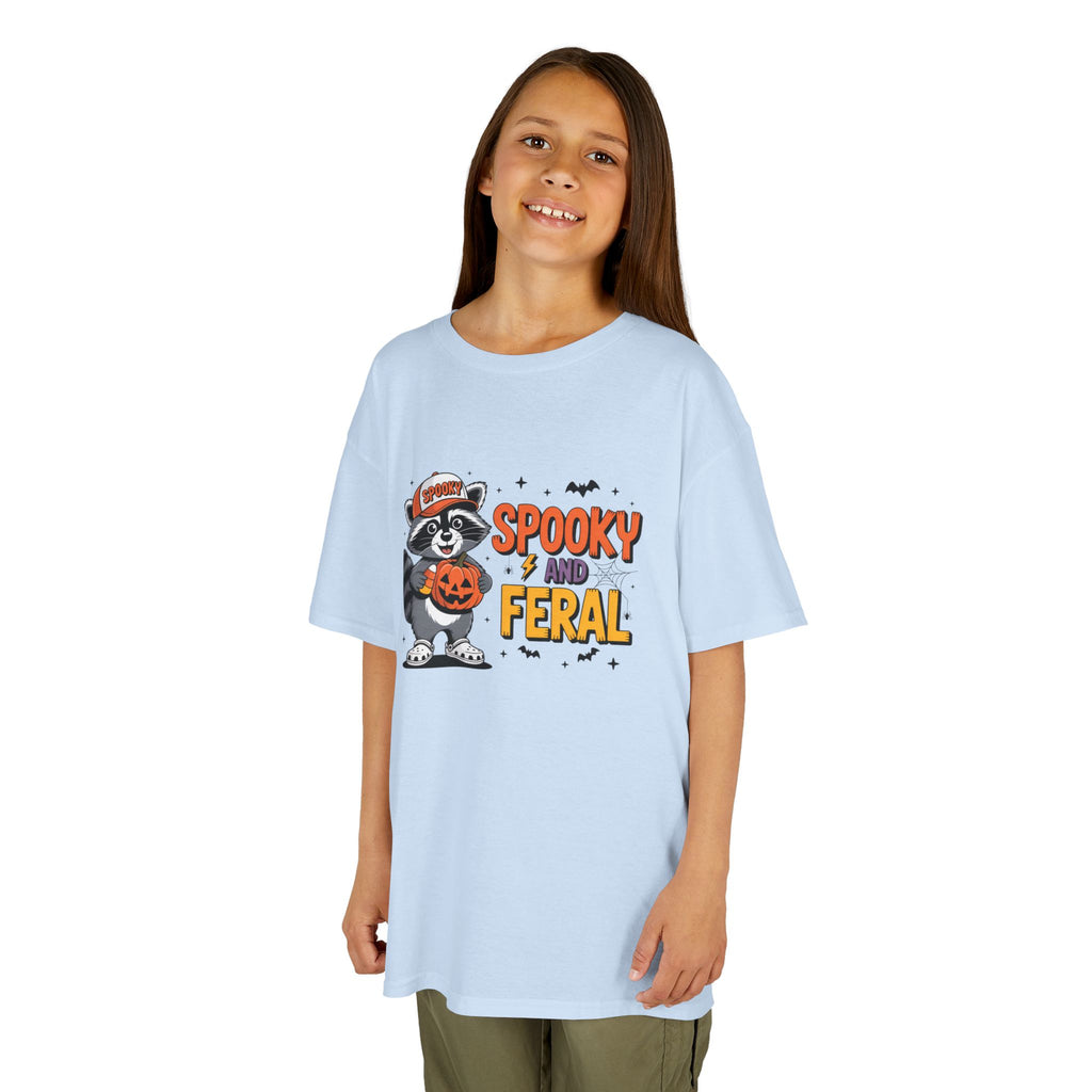 Kids Tee — "Spooky and Feral" Halloween Raccoon Pumpkin Shirt