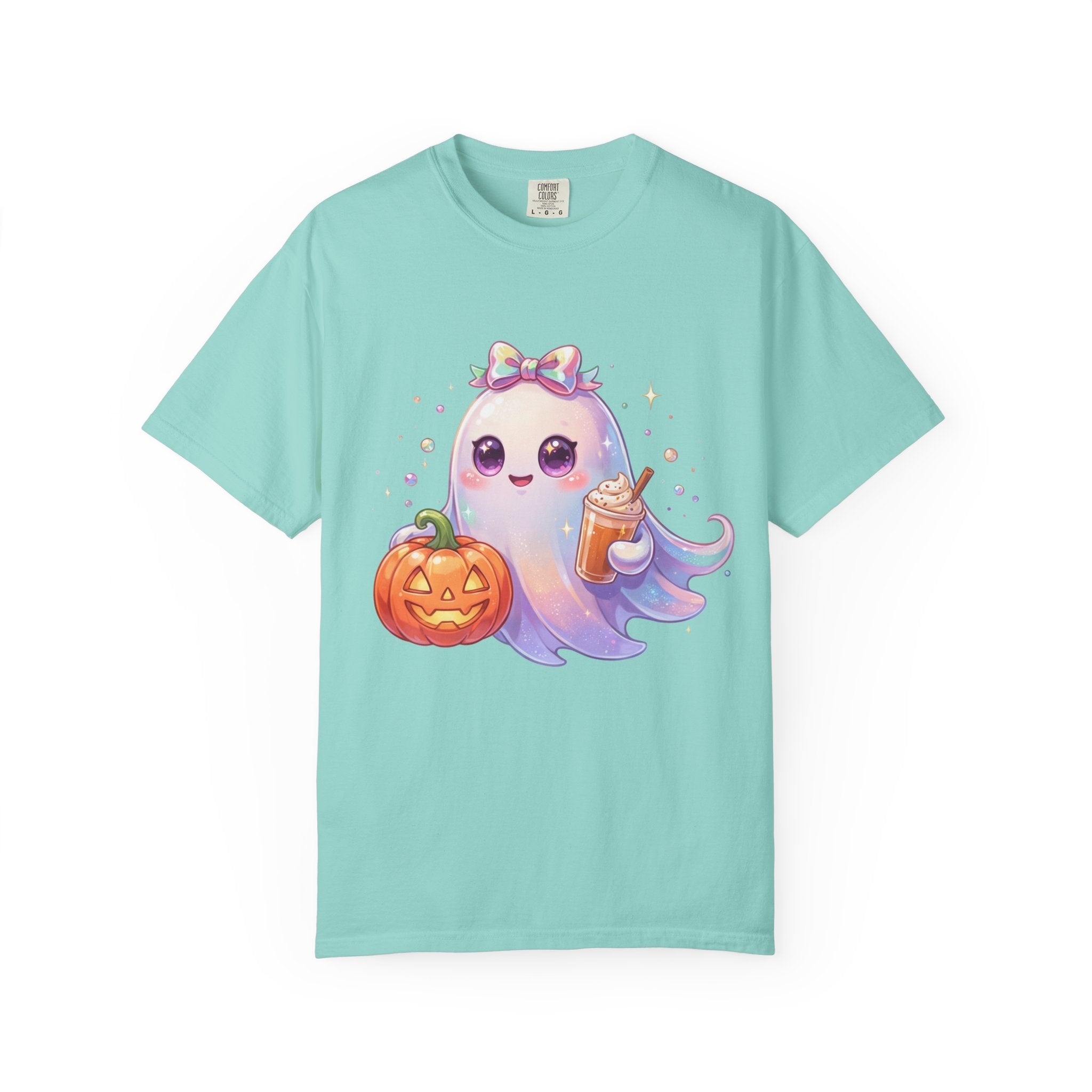A light aqua blue short-sleeve crewneck t-shirt featuring a cute cartoon graphic of a smiling ghost holding a jack-o'-lantern and a drink, set against a plain white background.
