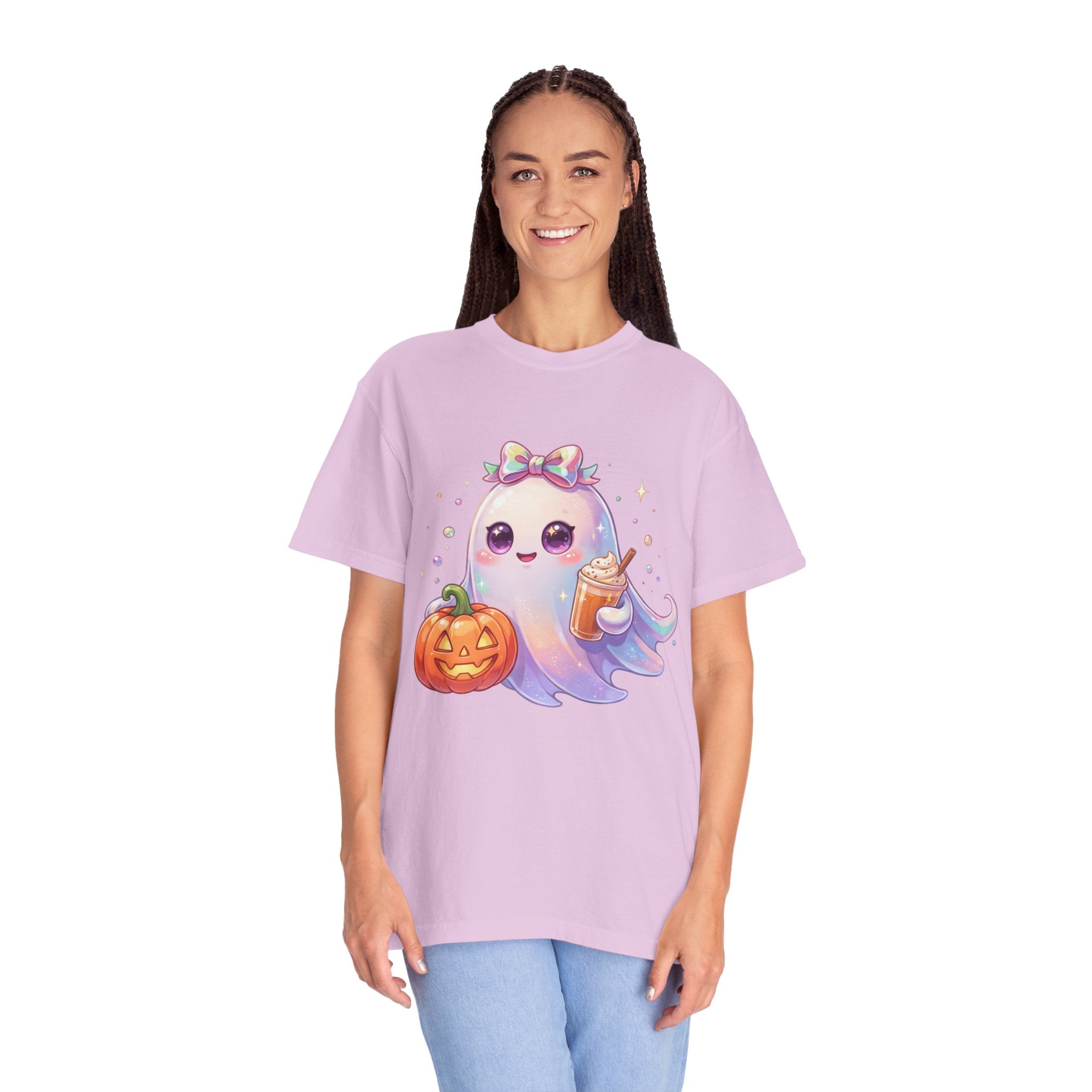 Cute Halloween Ghost T-Shirt — Kawaii Pumpkin & Candy Drink Graphic