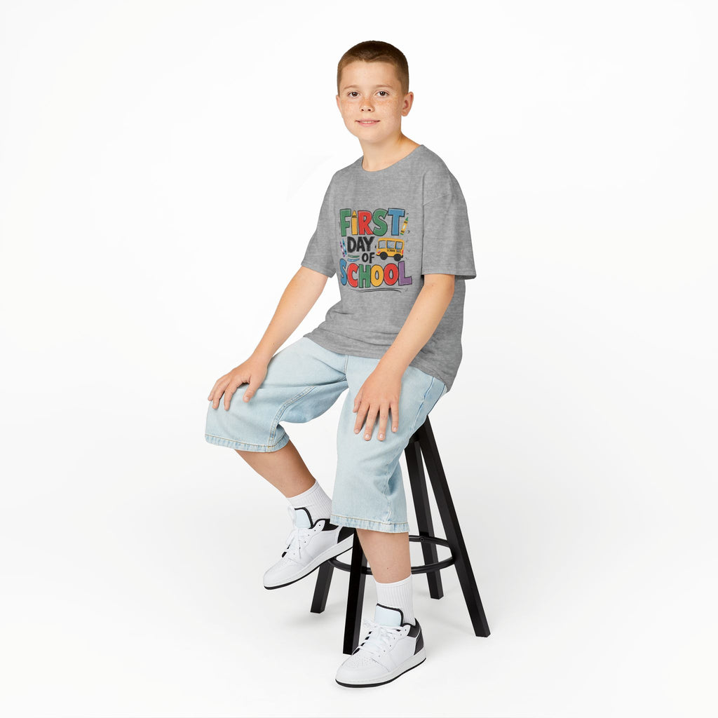 First Day of School Kids T-Shirt — Colorful Back-to-School Tee with School Bus Design