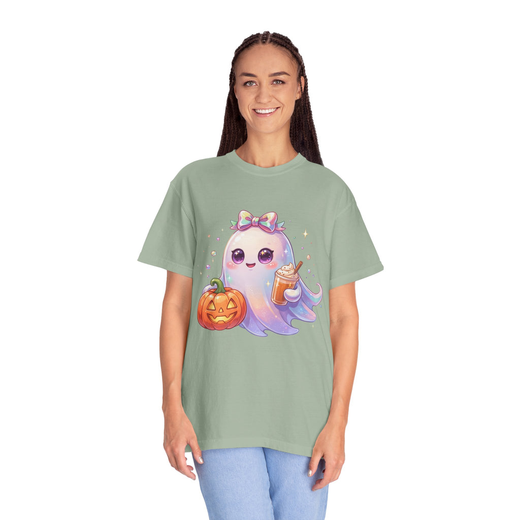 Cute Halloween Ghost T-Shirt — Kawaii Pumpkin & Candy Drink Graphic