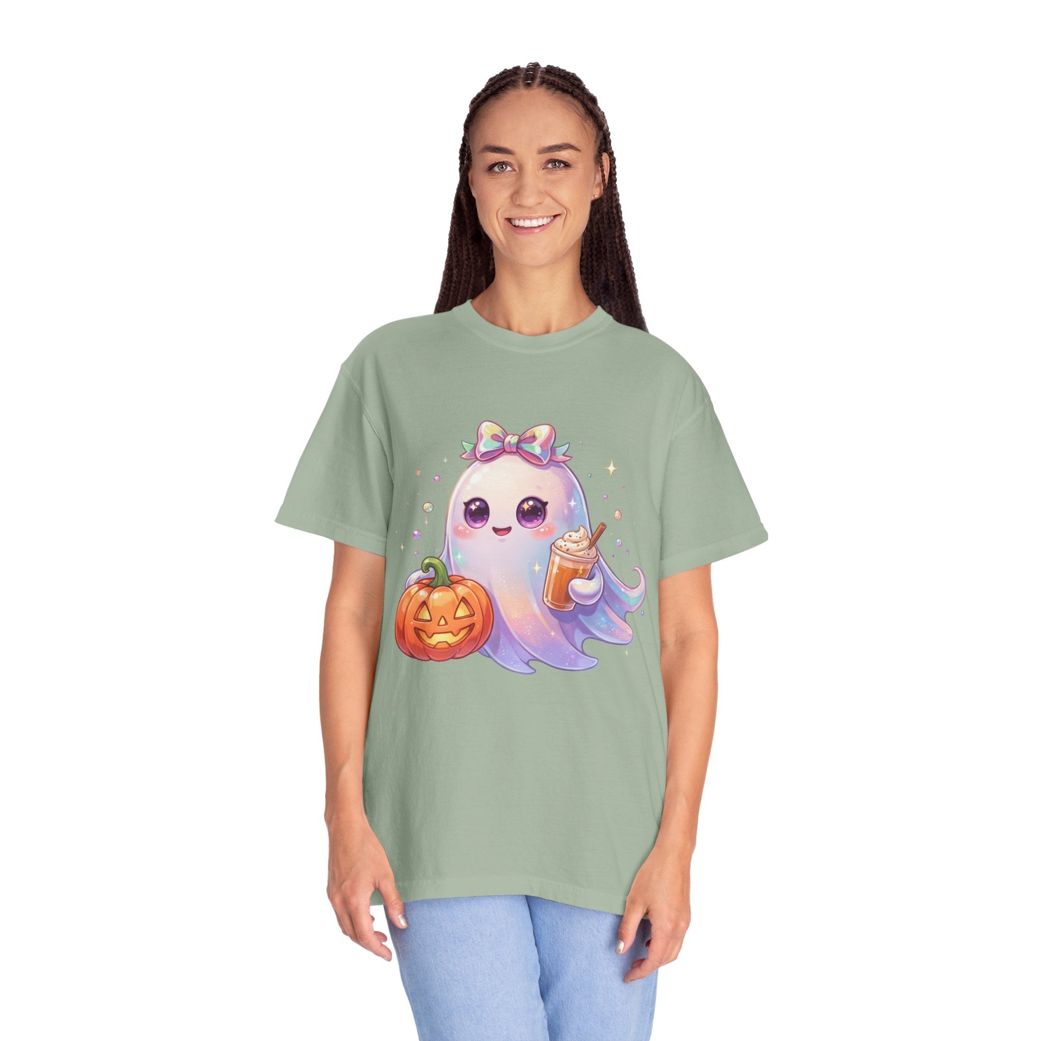 Cute Halloween Ghost T-Shirt — Kawaii Pumpkin & Candy Drink Graphic