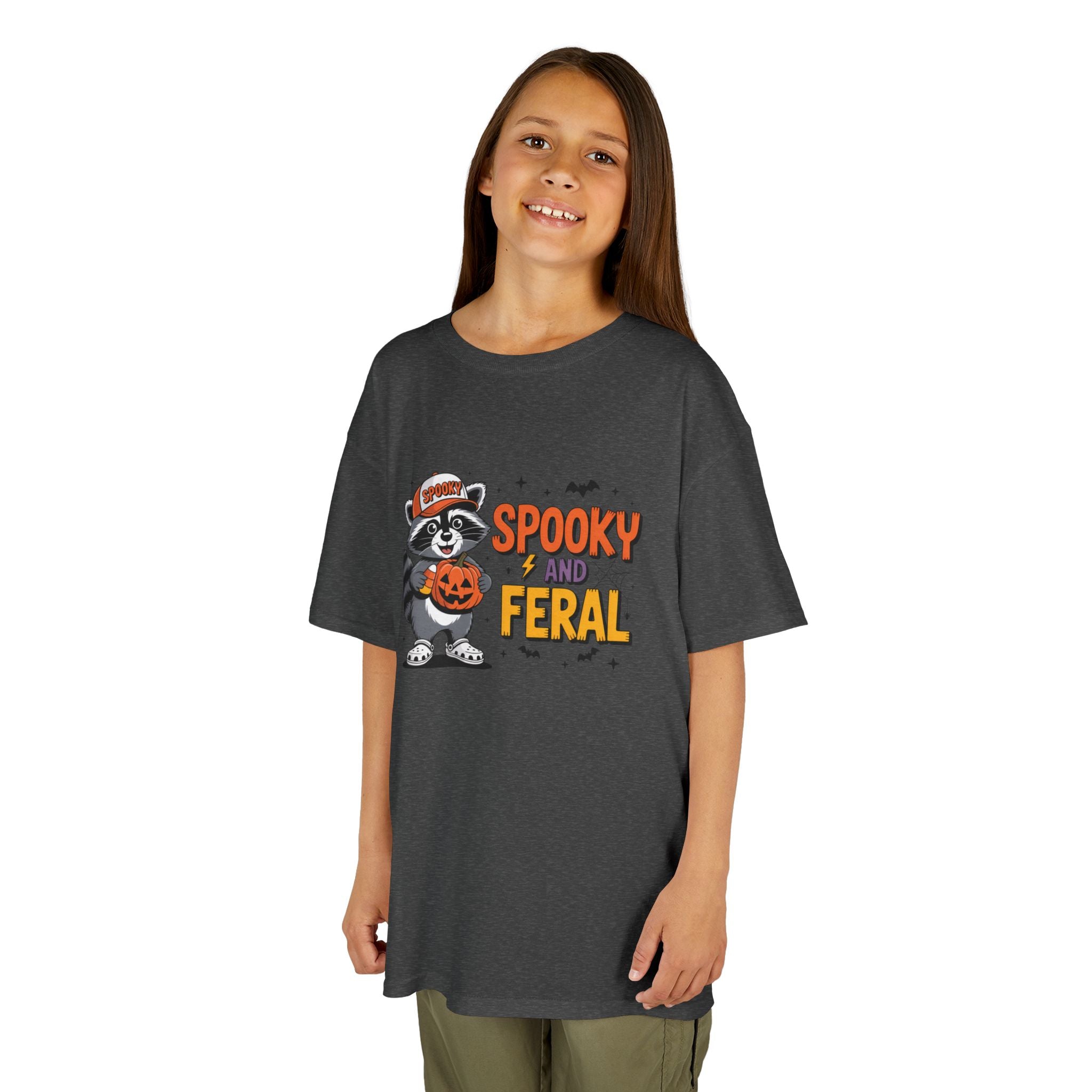 Kids Tee — "Spooky and Feral" Halloween Raccoon Pumpkin Shirt