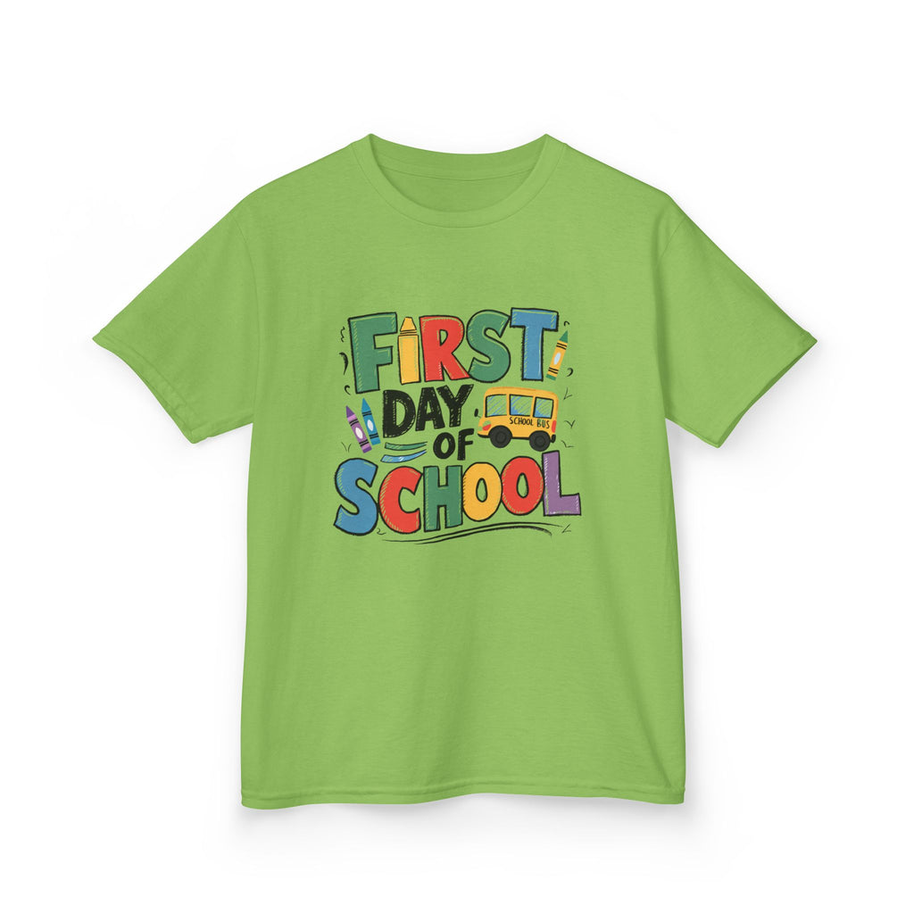 First Day of School Kids T-Shirt — Colorful Back-to-School Tee with School Bus Design