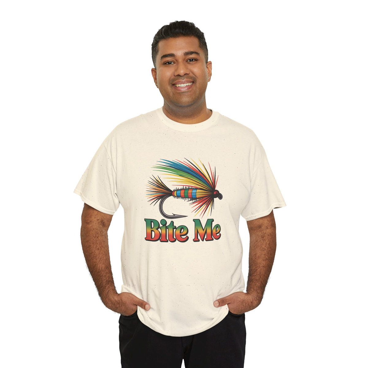 Fishing T-Shirt — Colorful Fly Design with "Bite Me" Text