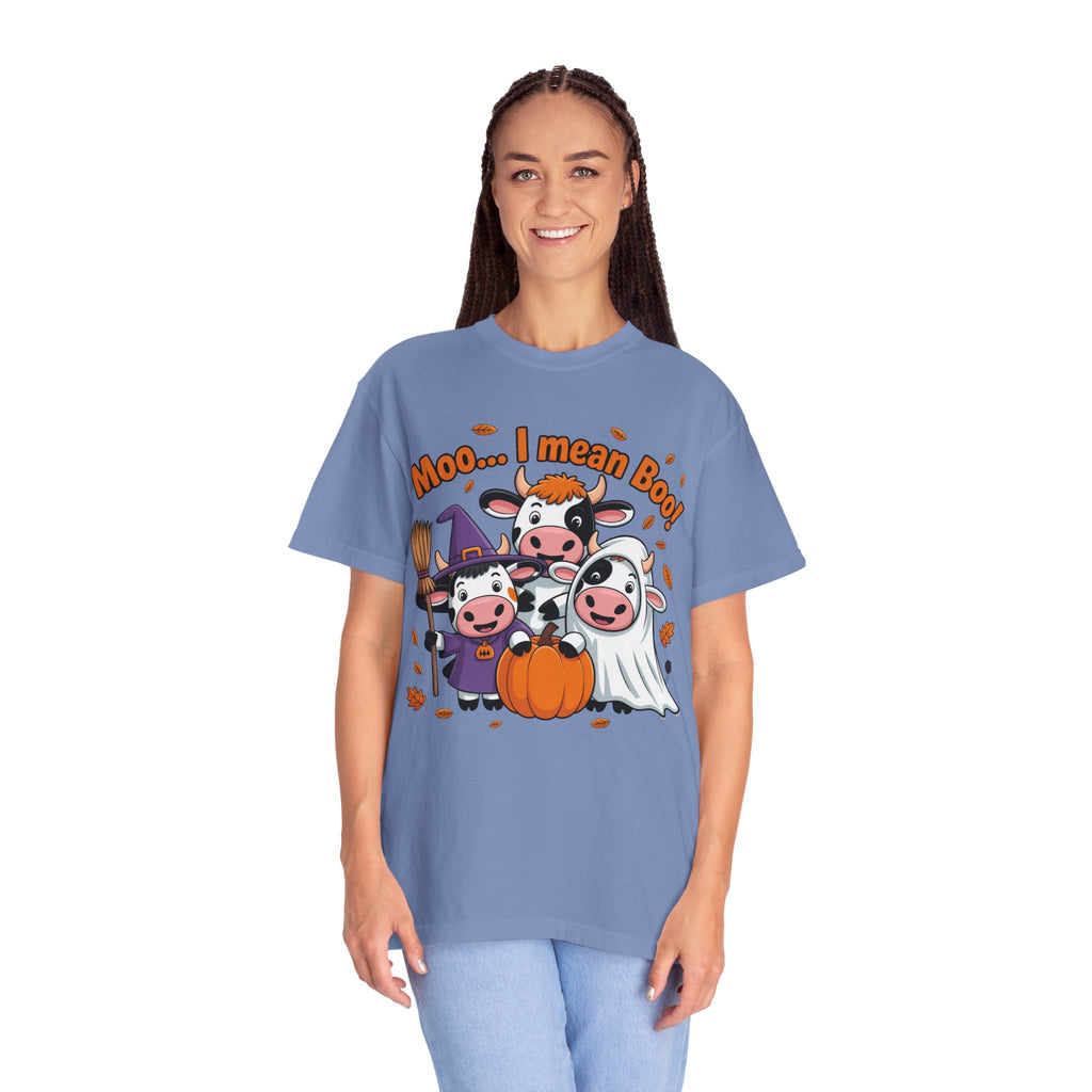 Halloween Cow T-Shirt – “Moo... I mean Boo!” Cute Pumpkin & Witch Cows Graphic Tee