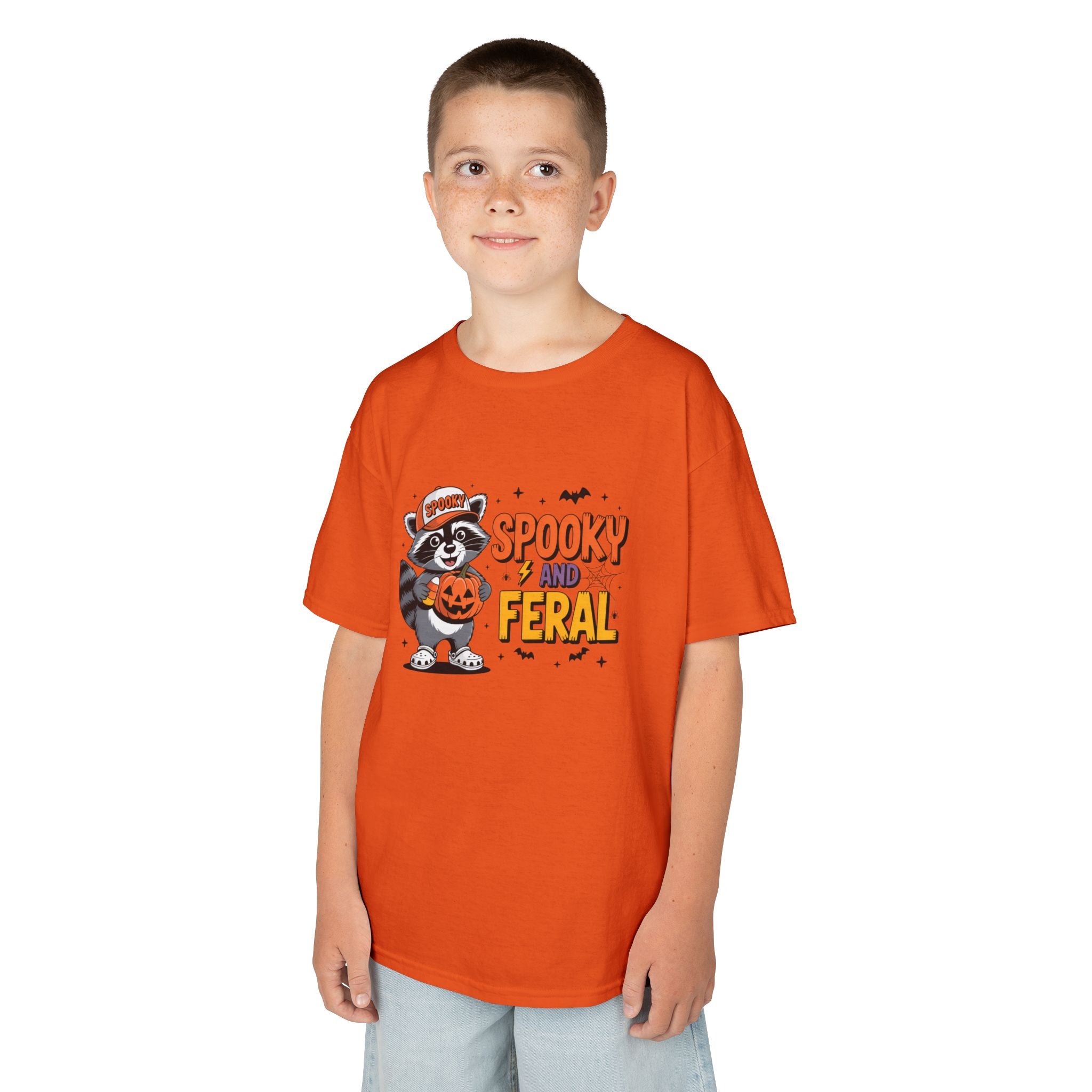 Kids Tee — "Spooky and Feral" Halloween Raccoon Pumpkin Shirt