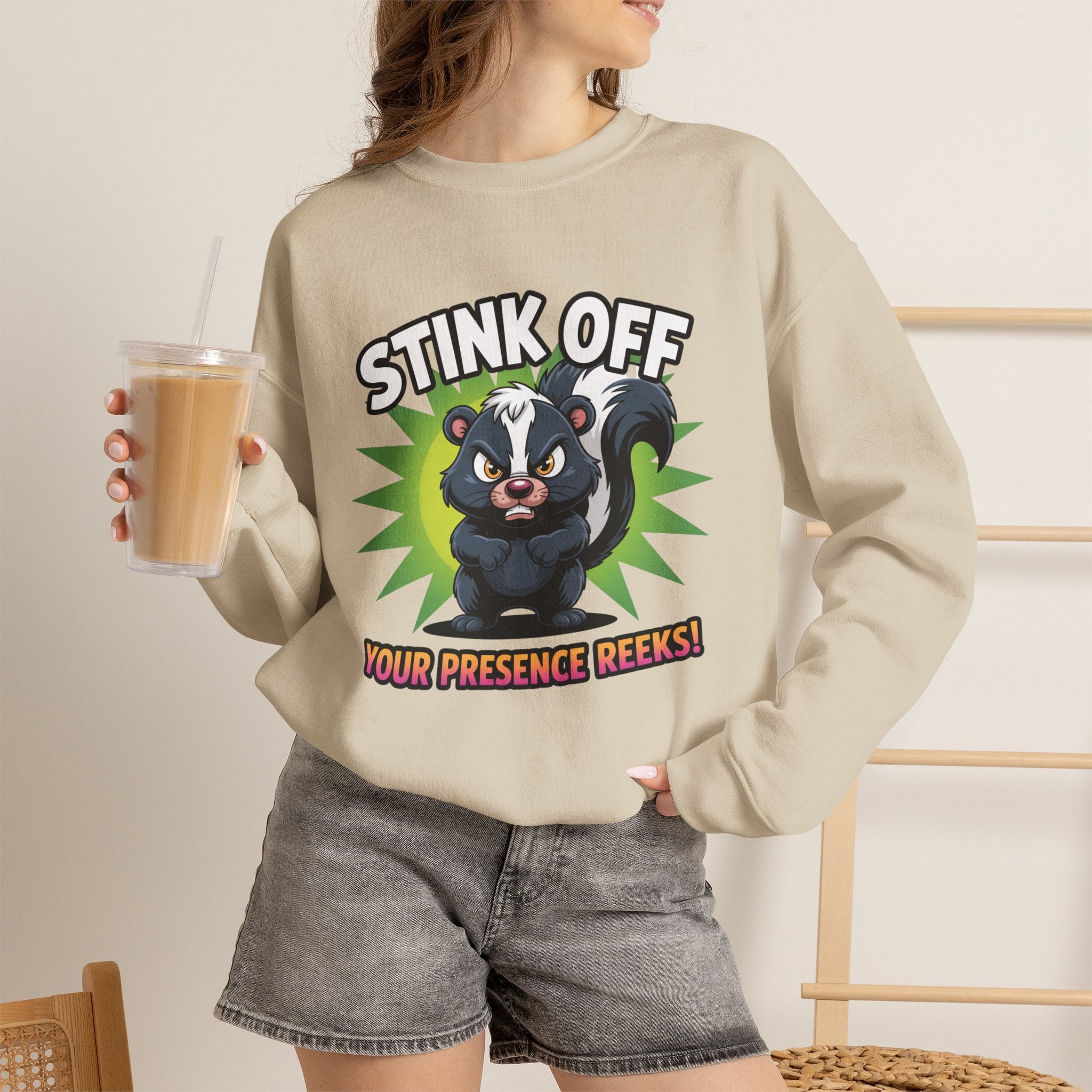 Stink Off Skunk Crewneck Sweatshirt — Funny 'Your Presence Reeks!' Graphic