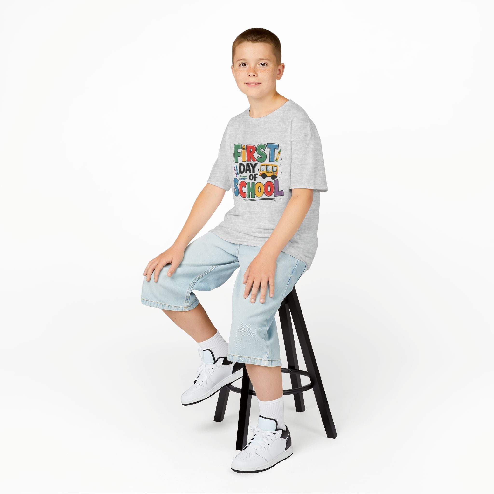 First Day of School Kids T-Shirt — Colorful Back-to-School Tee with School Bus Design