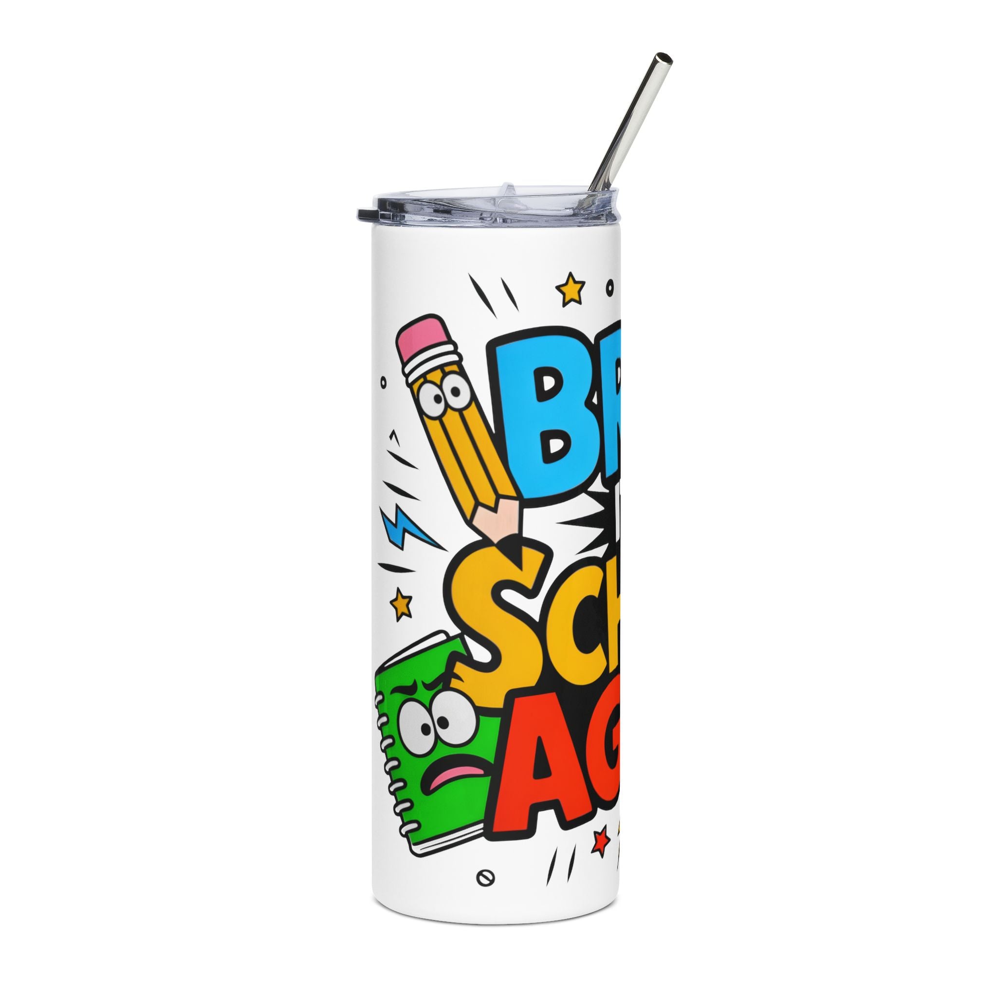 A white insulated tumbler with a clear lid and metal straw, featuring a colorful cartoon graphic that reads 'Back to School Again' with a pencil, notebook, stars, and comic-style text.