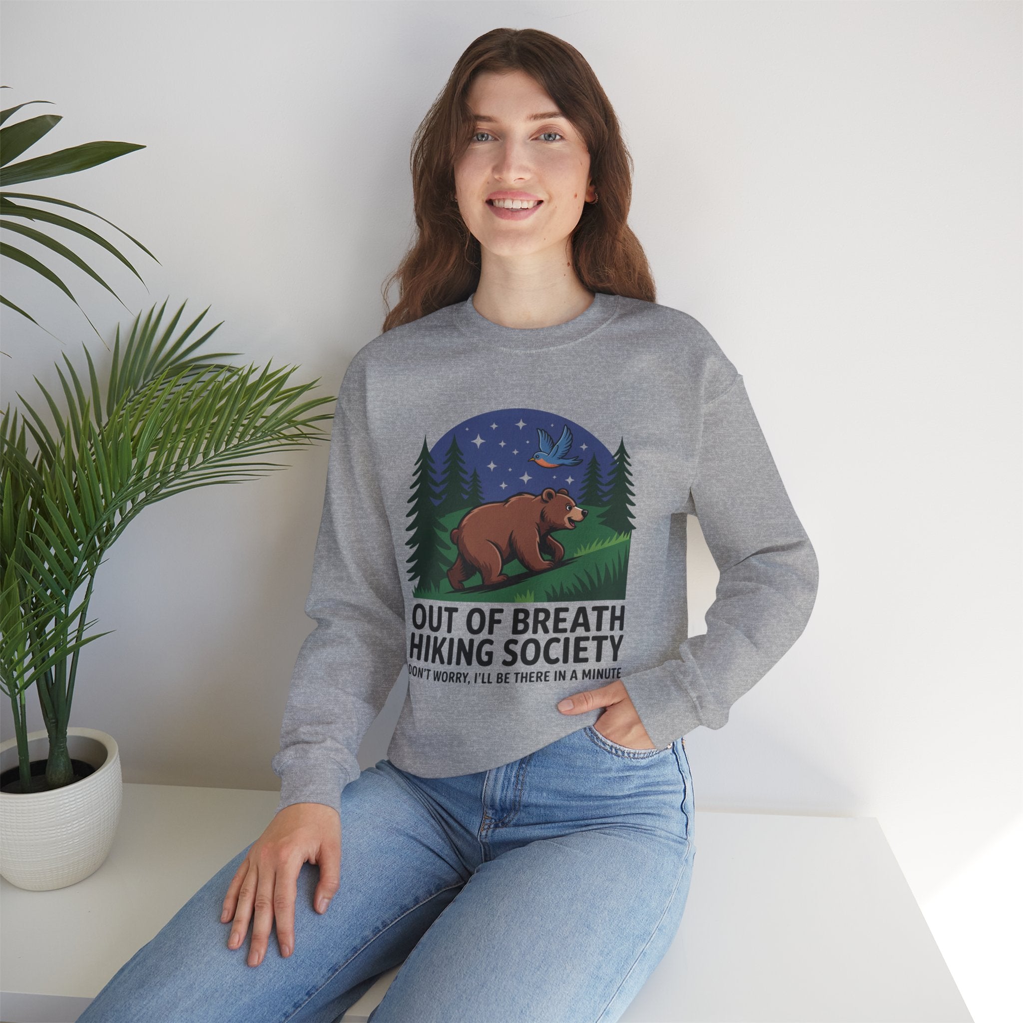 Out of Breath Hiking Society Crewneck Sweatshirt — Funny Bear Camping Graphic