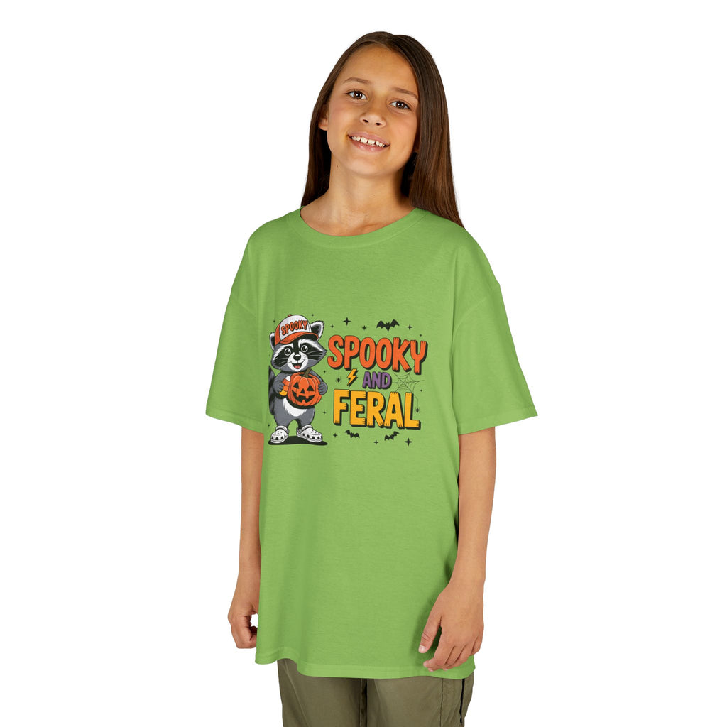 Kids Tee — "Spooky and Feral" Halloween Raccoon Pumpkin Shirt